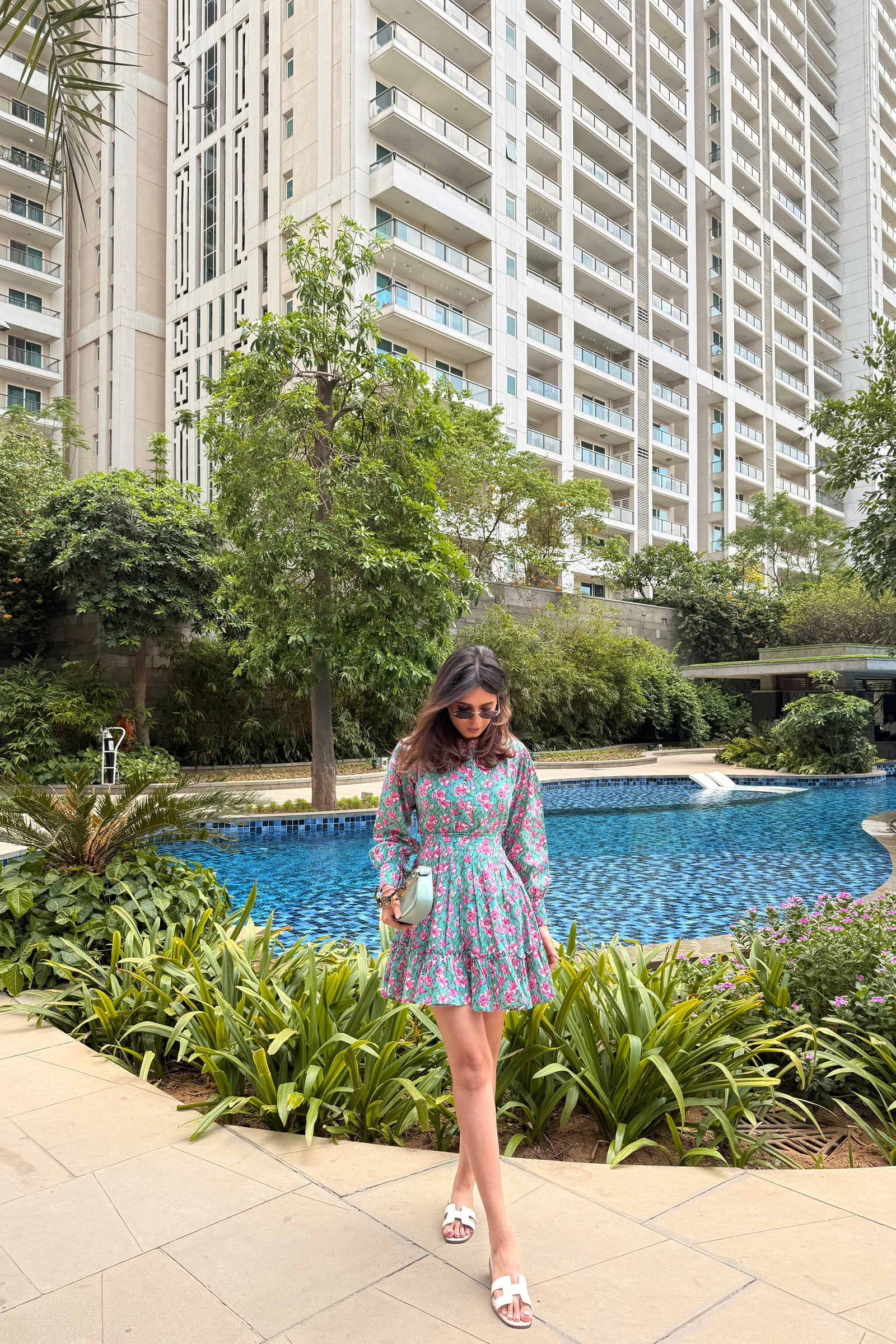 Ariel Green & Pink Printed Cotton Collared Dress