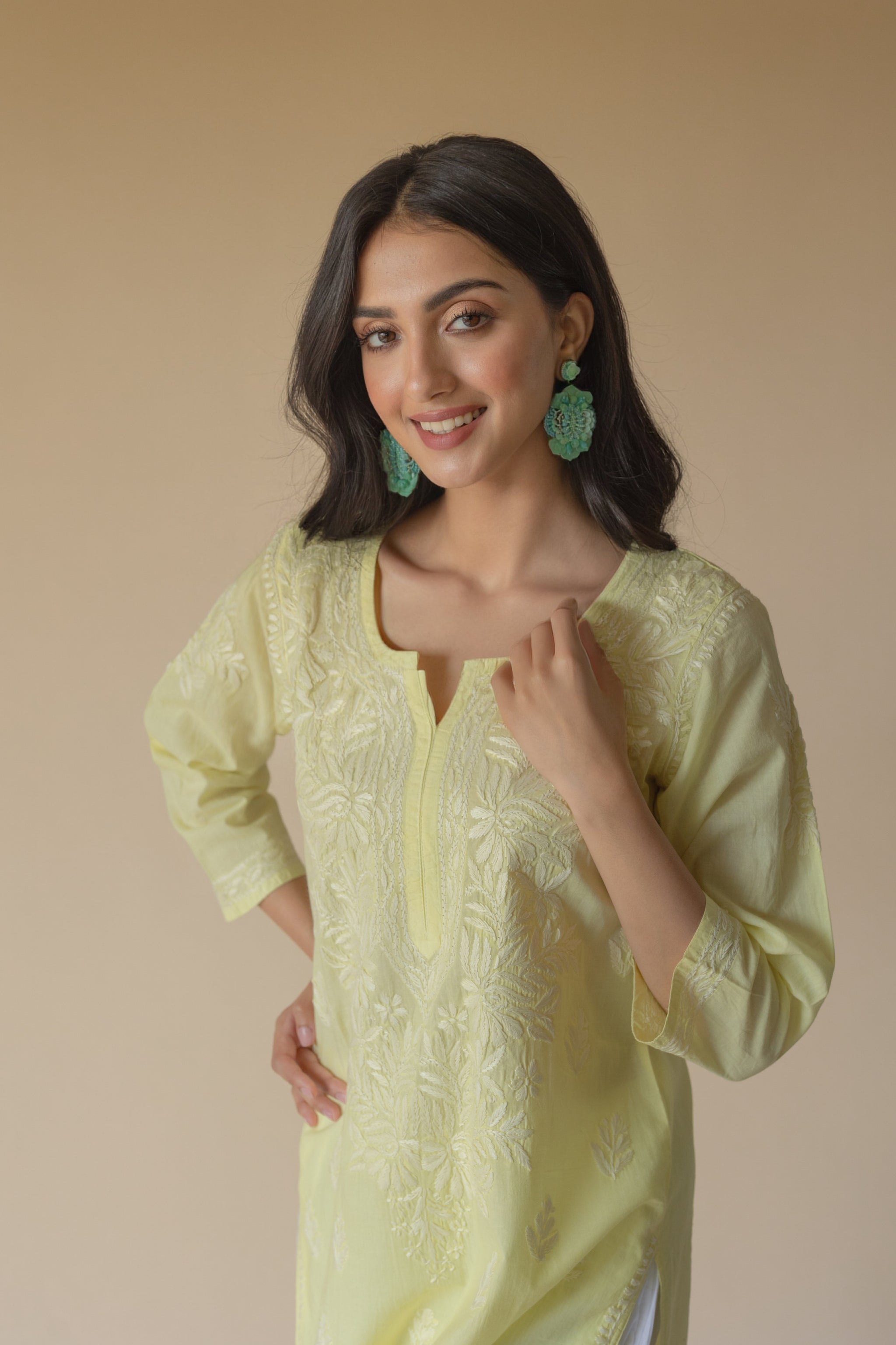 Light Yellow Chikankari Hand Embroidered Cotton Long Kurta