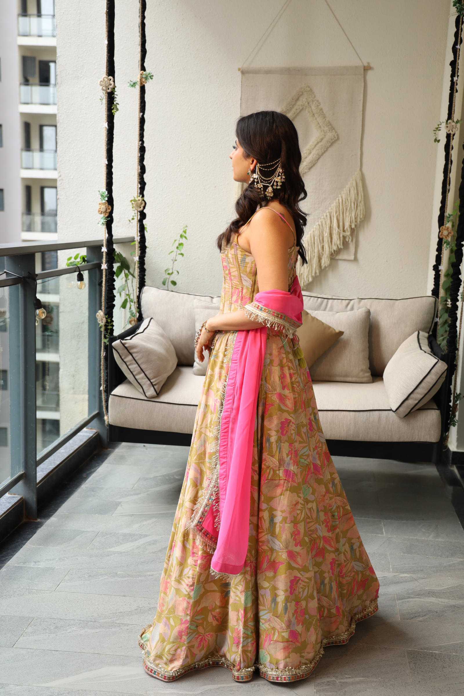 Zara Olive Green Sequinned Corset Muslin Lehenga Set