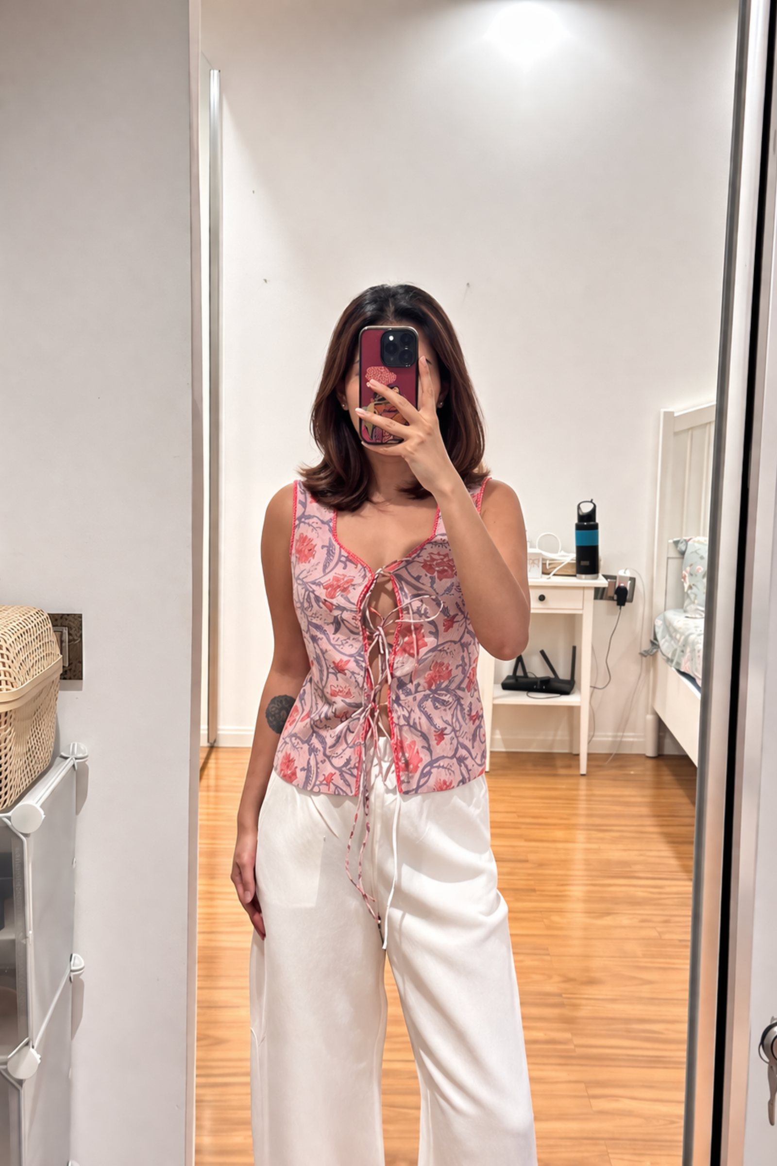 Itikaa Beige & Pink Cotton Drawstring Sleeveless Top