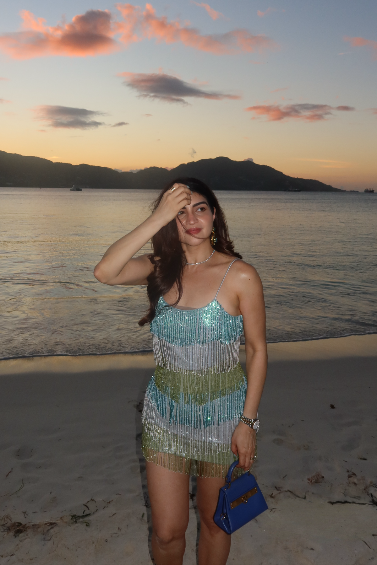 Mykonos Blue Fringe Embellished Mini Dress