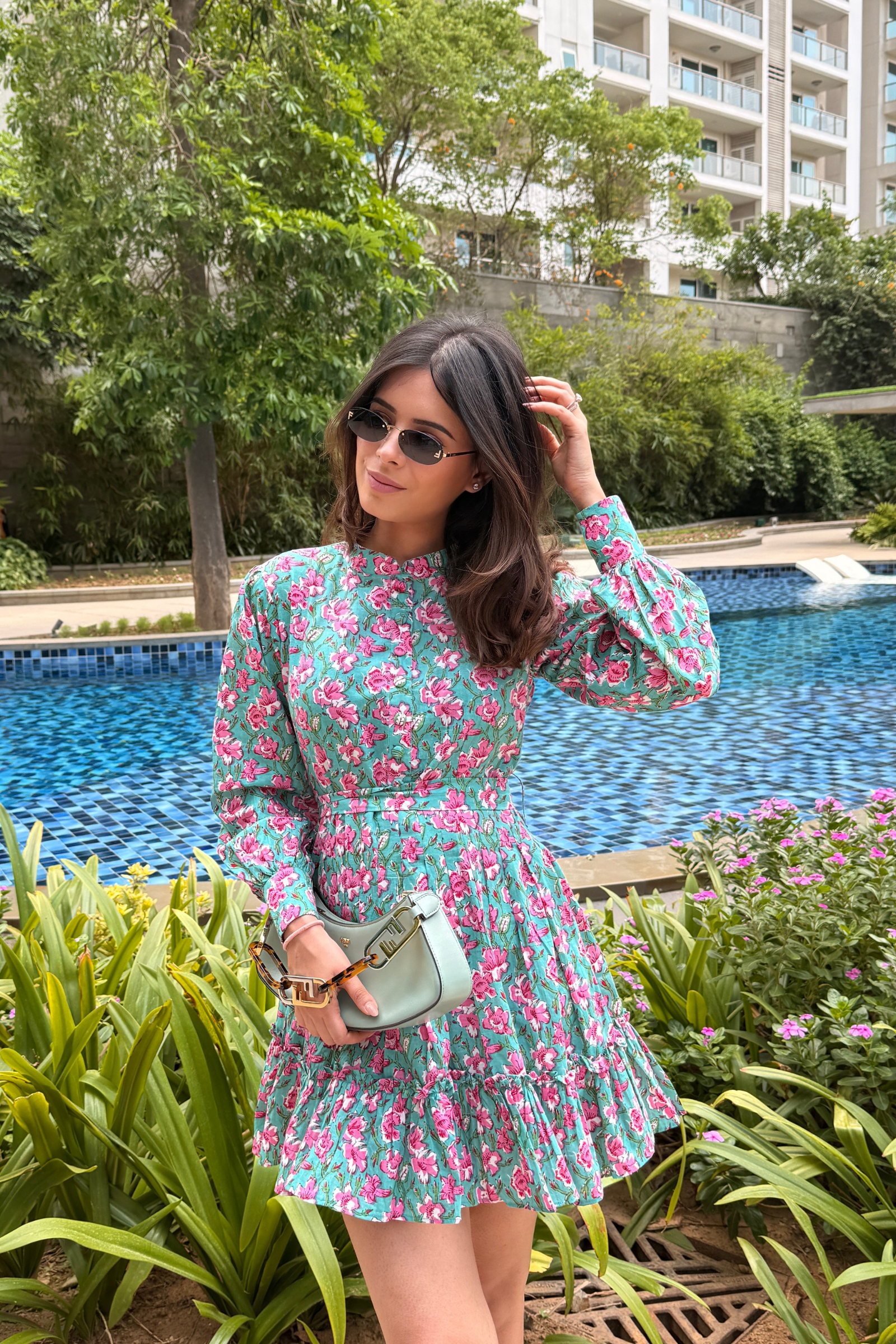Ariel Green & Pink Printed Cotton Collared Dress