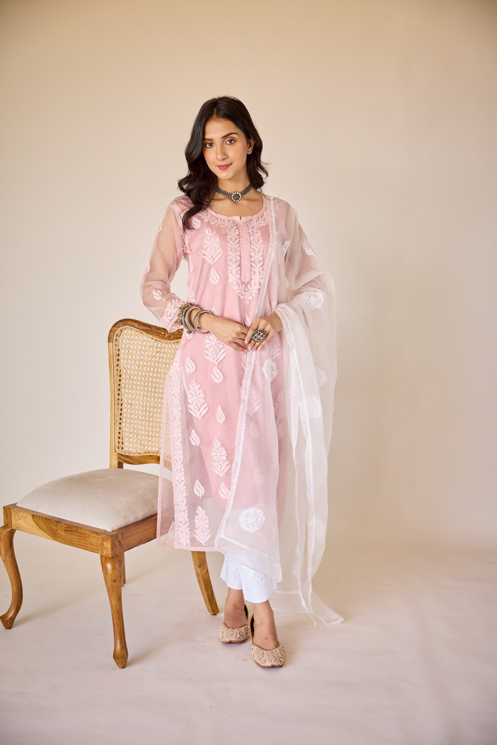 Nimrah Pink Organza Hand Embroidered Chikankari Kurta with Slip