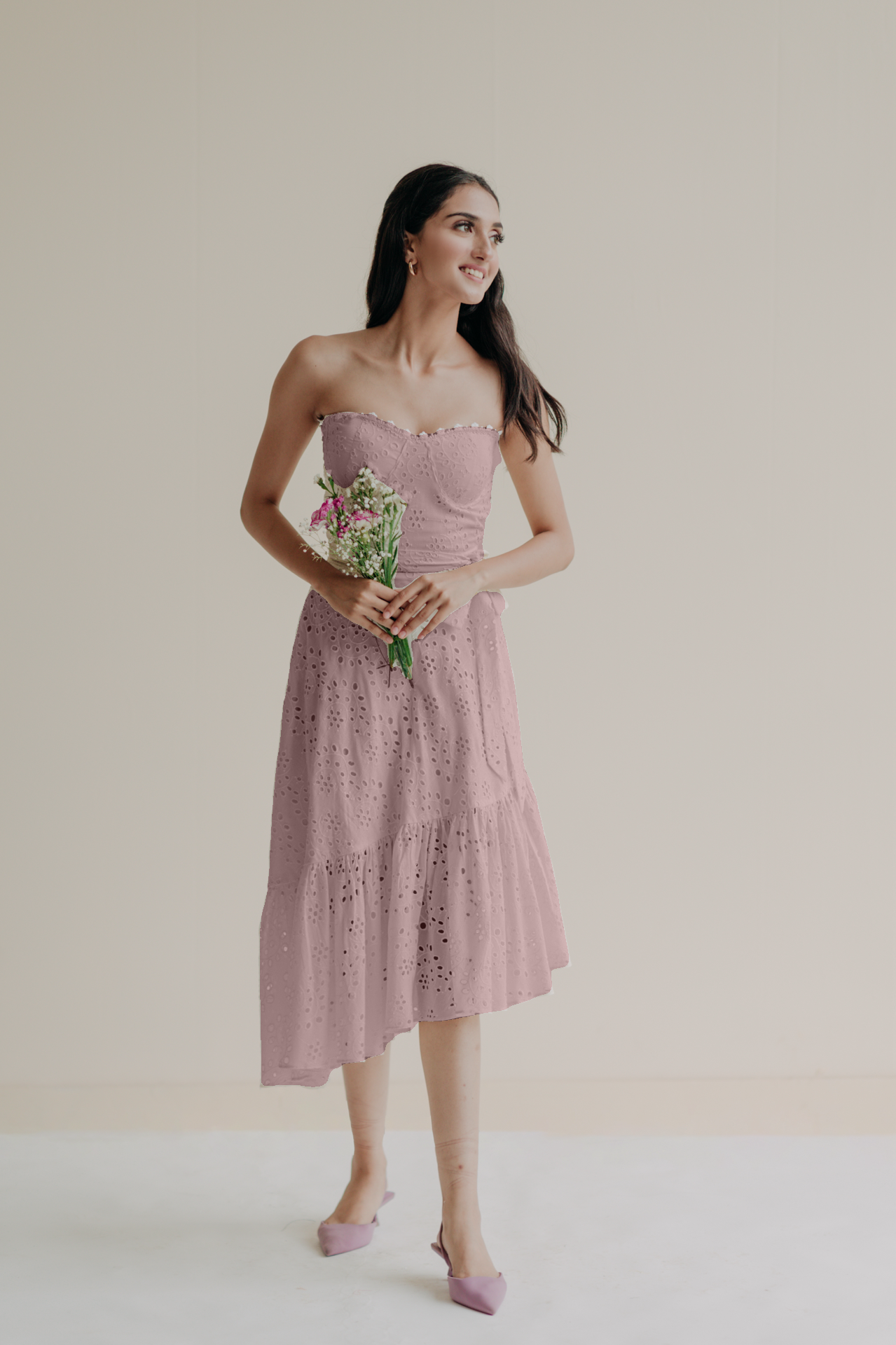 Janine Dusty Pink Schiffli Midi Dress