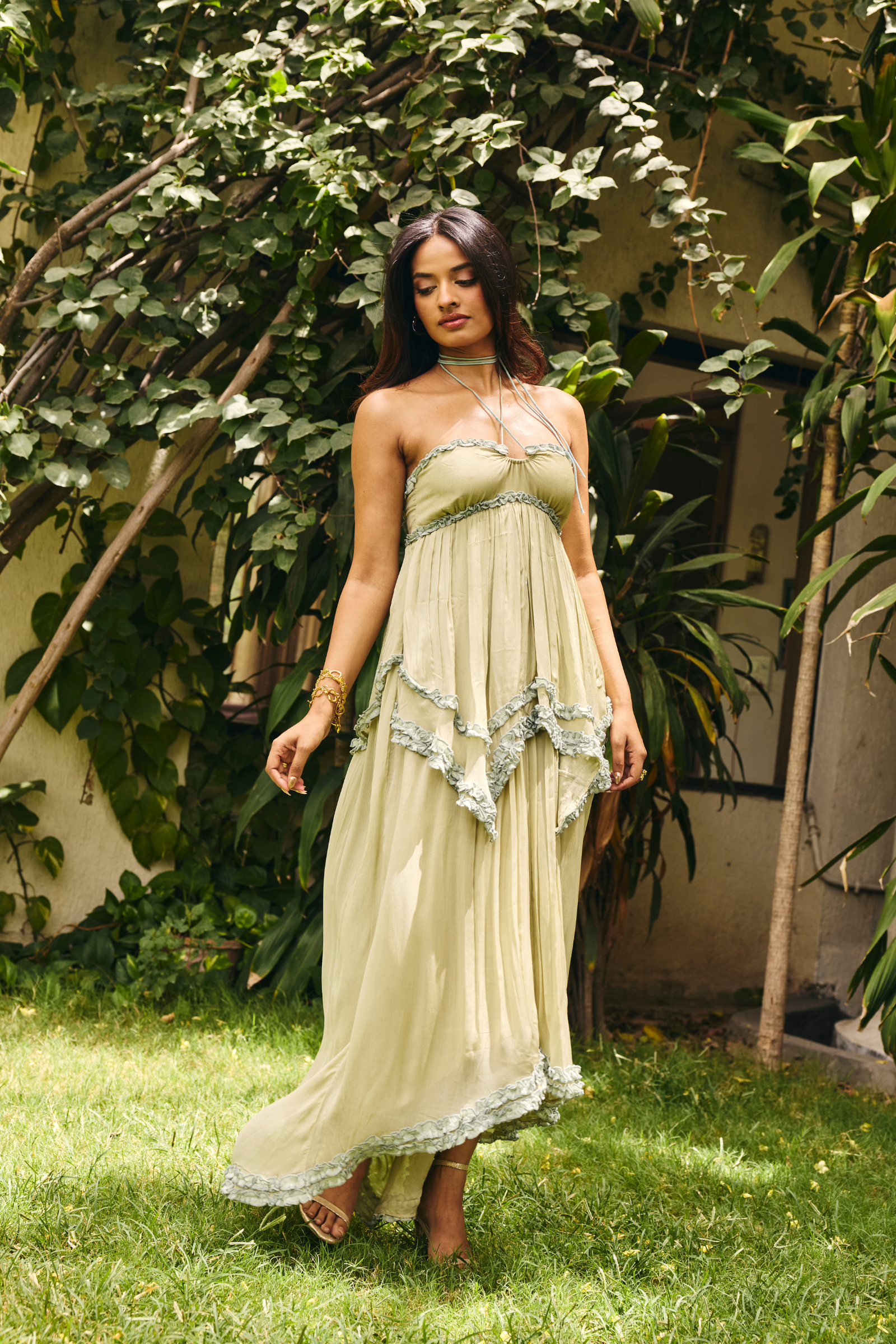 Mallorca Sage Green ruffle Midi dress