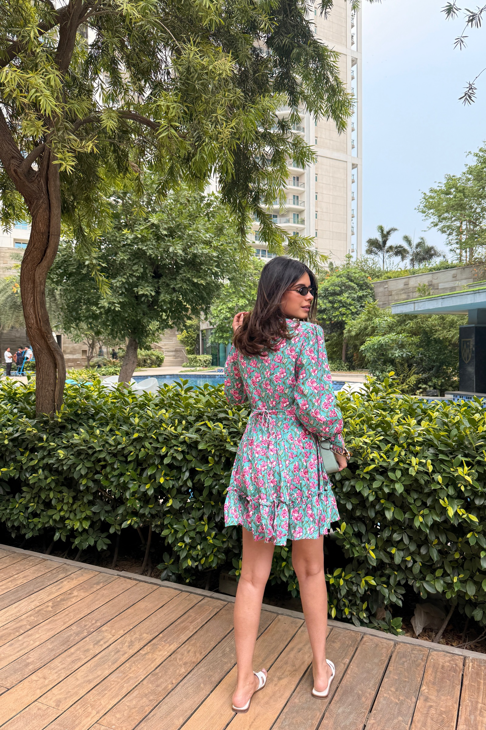Ariel Green & Pink Printed Cotton Collared Dress