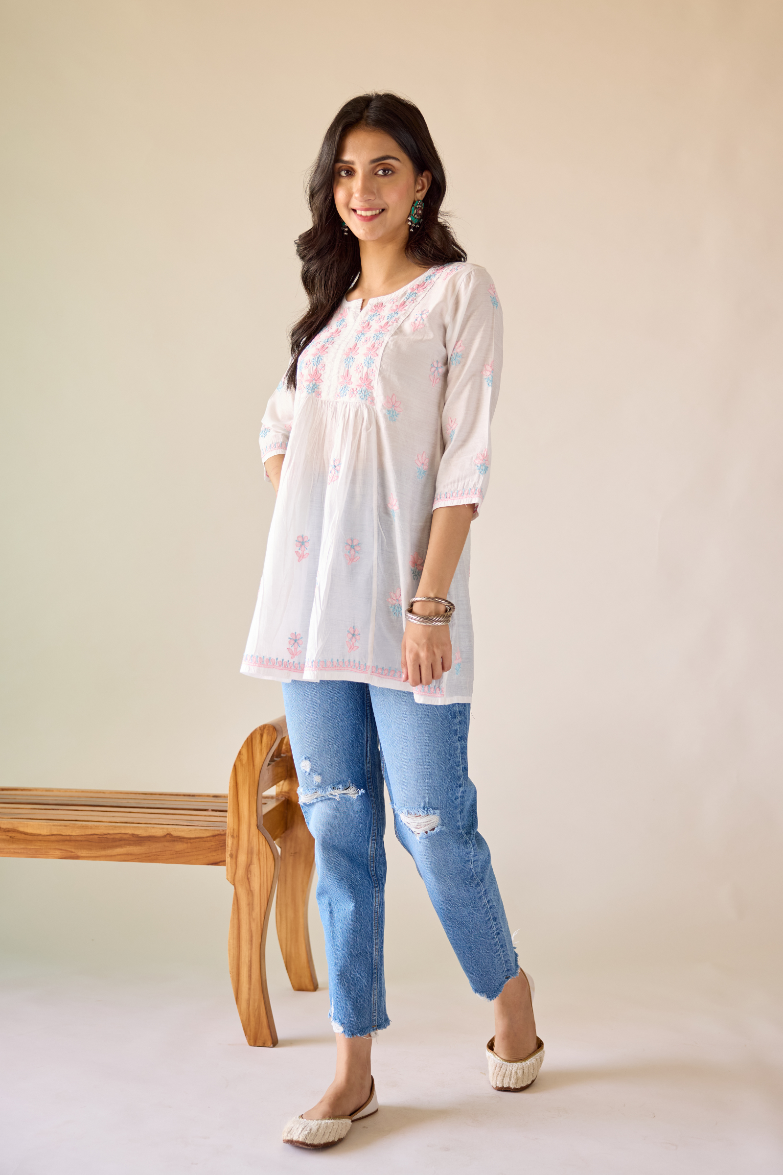 Anamika White Chanderi Hand Embroidered Short Chikankari Kurti