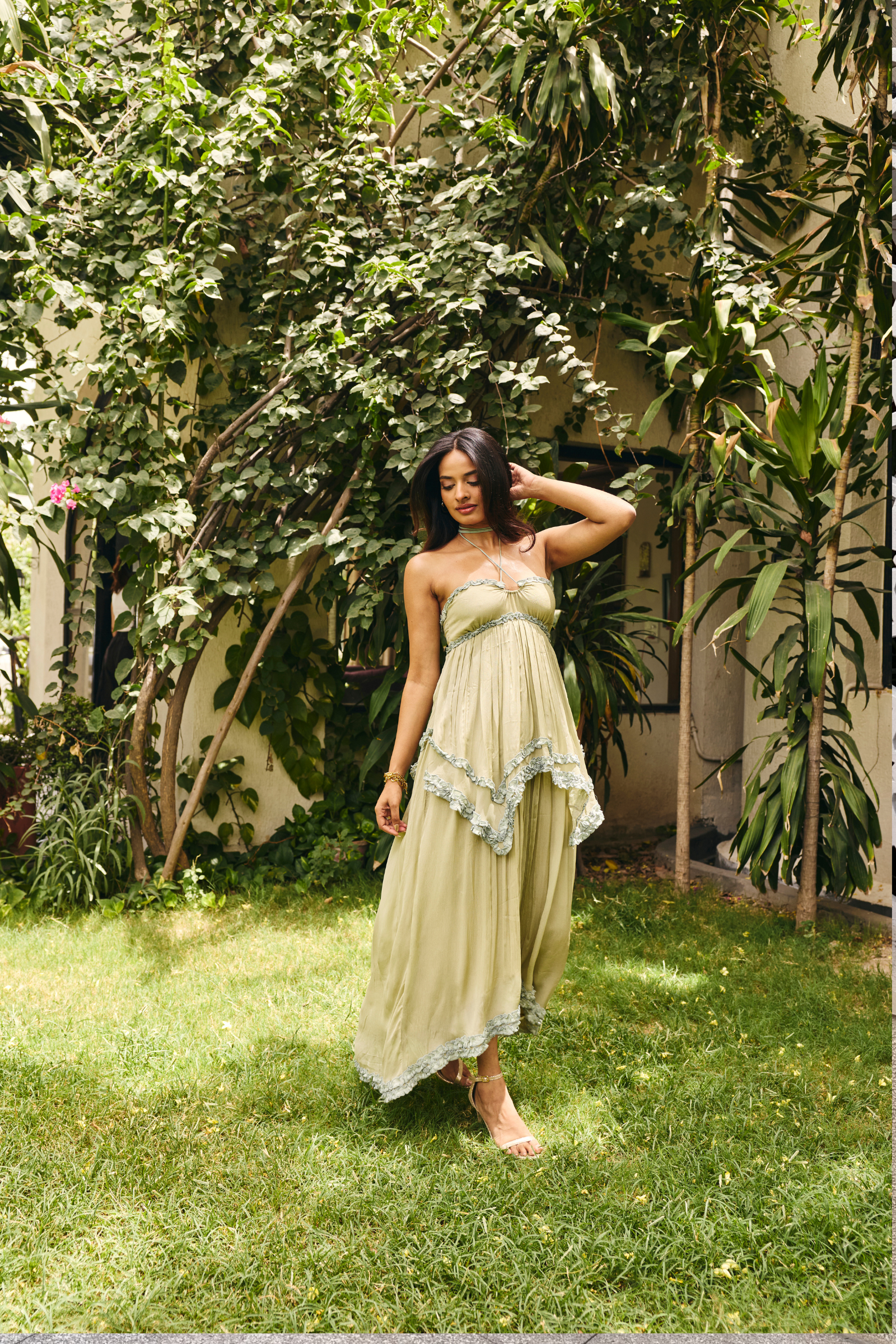 Mallorca Sage Green ruffle Midi dress