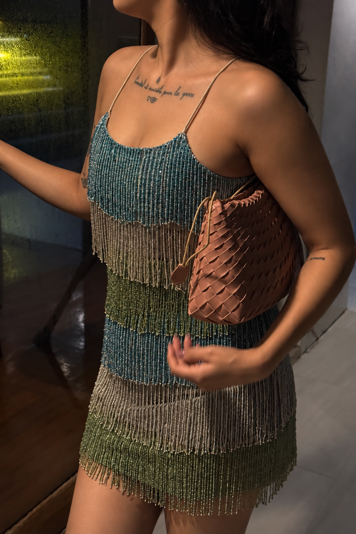 Mykonos Blue Fringe Embellished Mini Dress