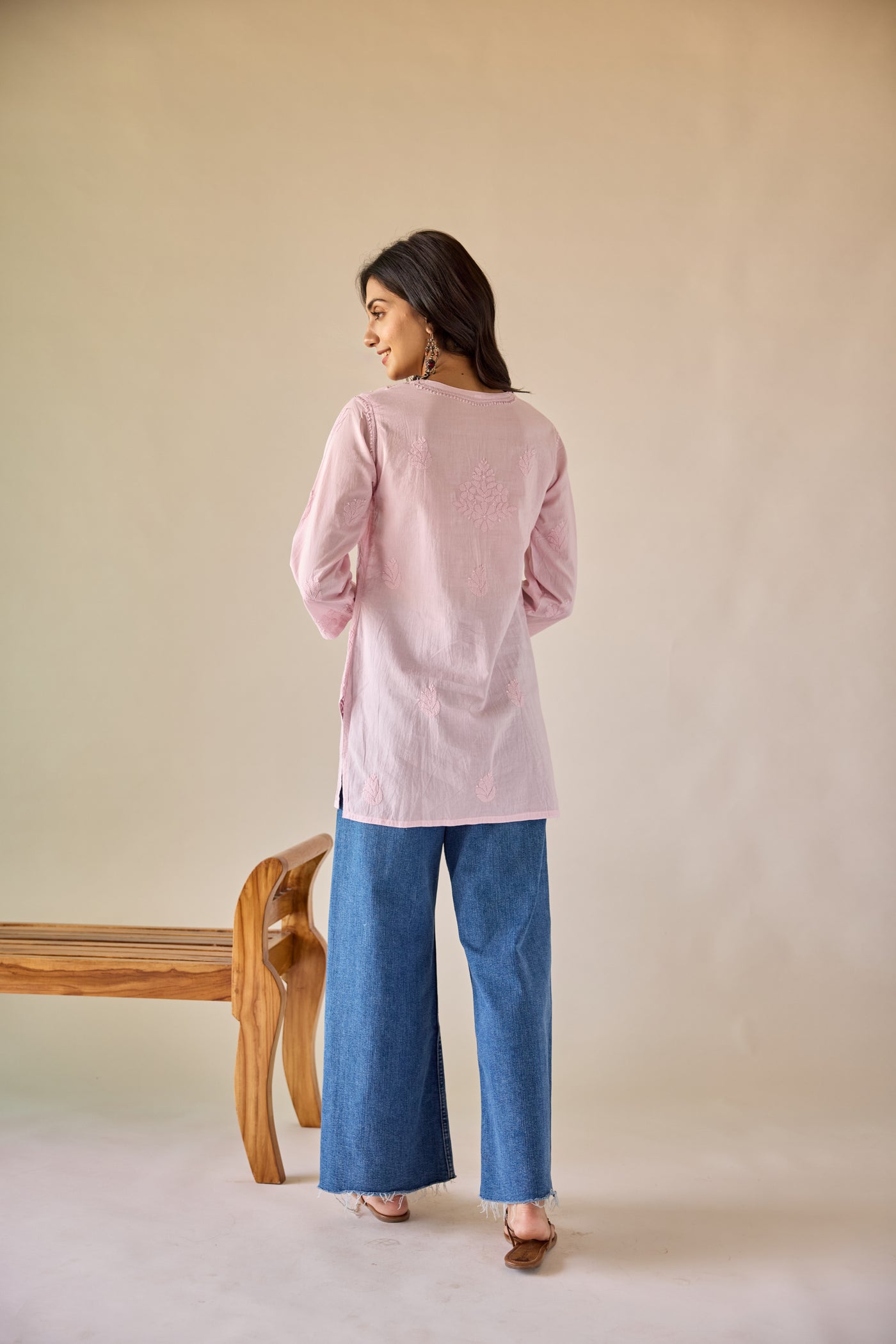 Pink Chikankari Hand Embroidered Mul Cotton Short Kurta