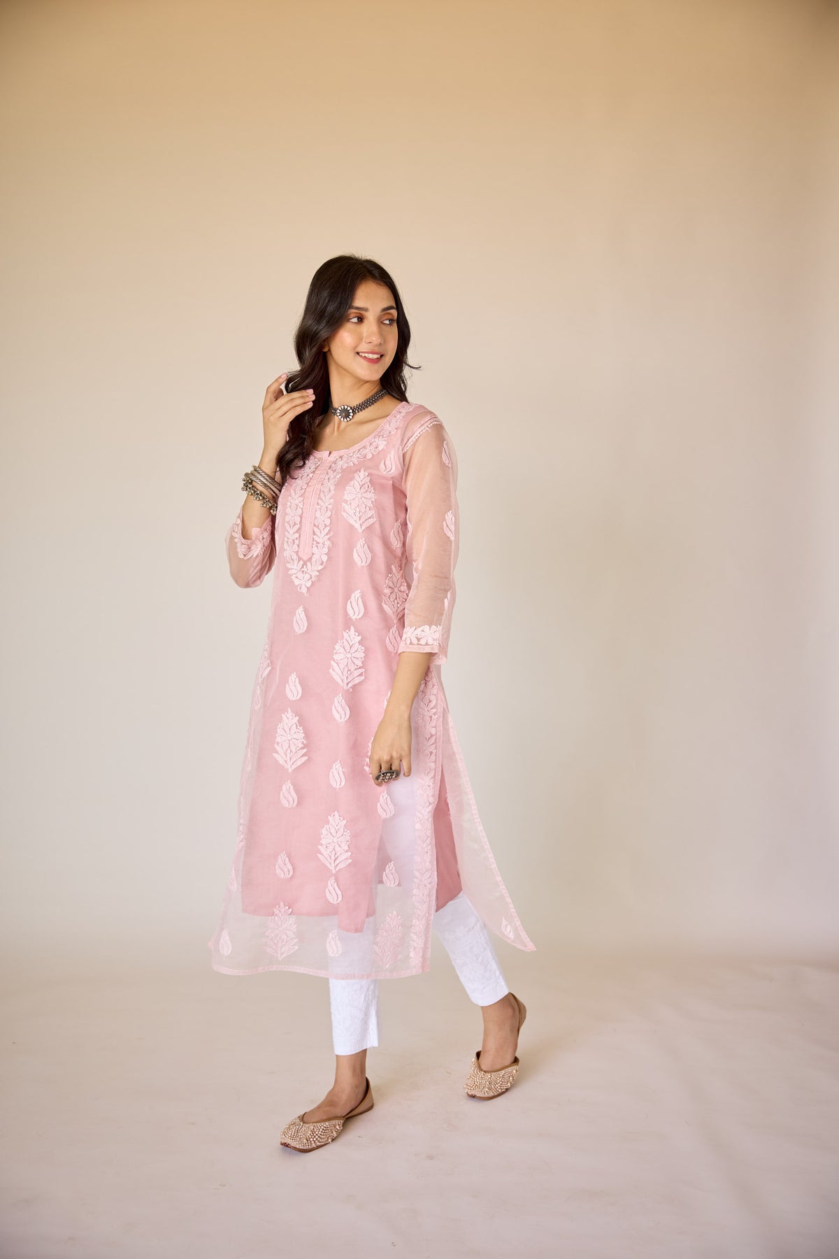 Nazm Rayon Champagne Pink Chikankari Kurta