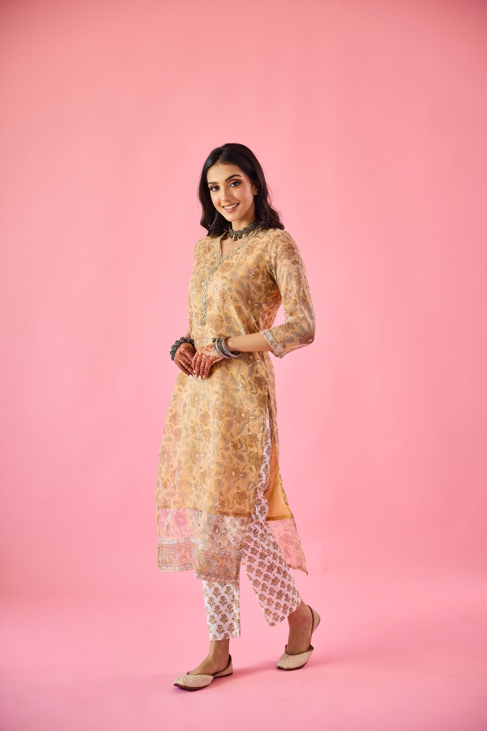 Almas Mustard Yellow Kota Hand Embellished Kurta Set