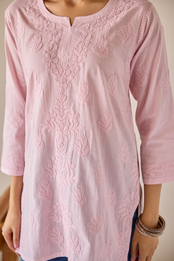 Soft Cotton Chikankari Kurti-Pink