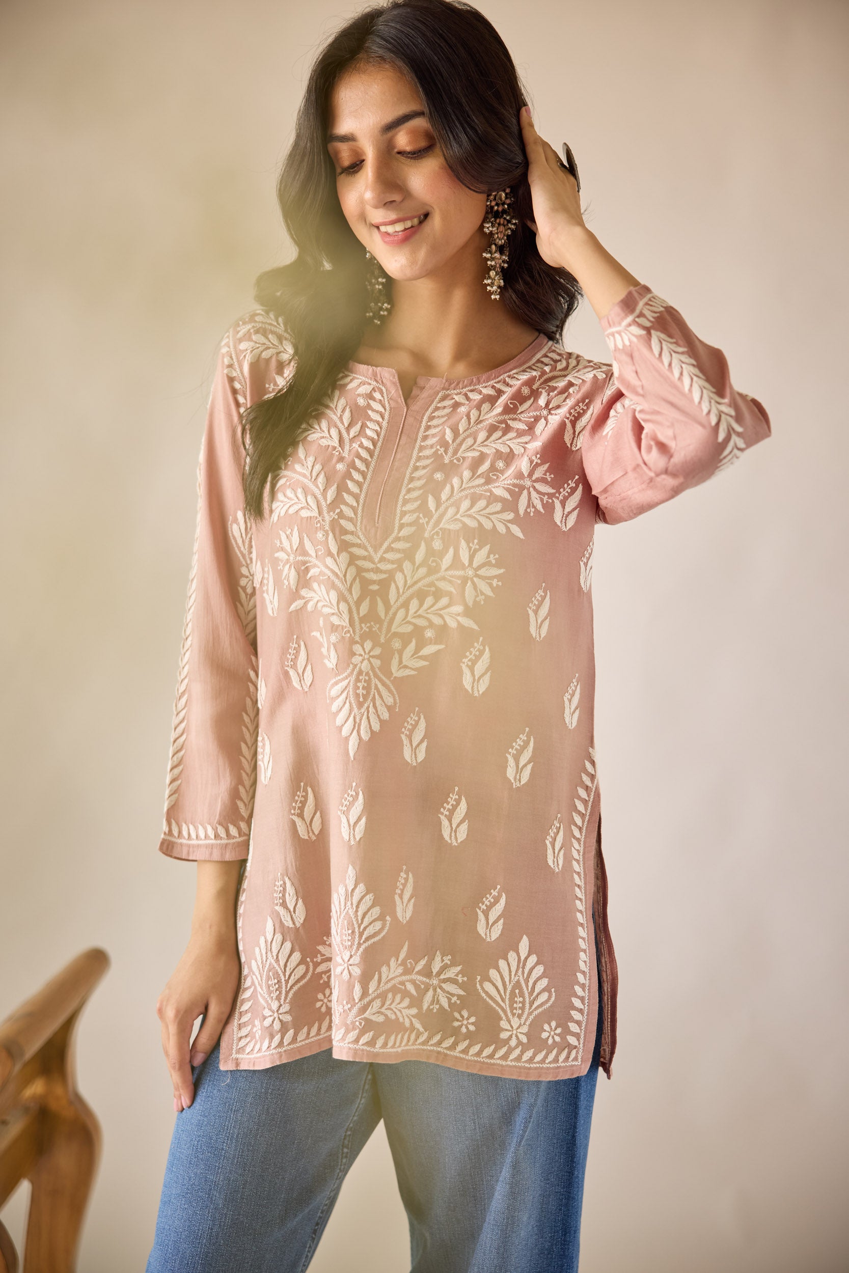 Mallika Brown Chanderi Hand Embroidered Short Chikankari Kurti
