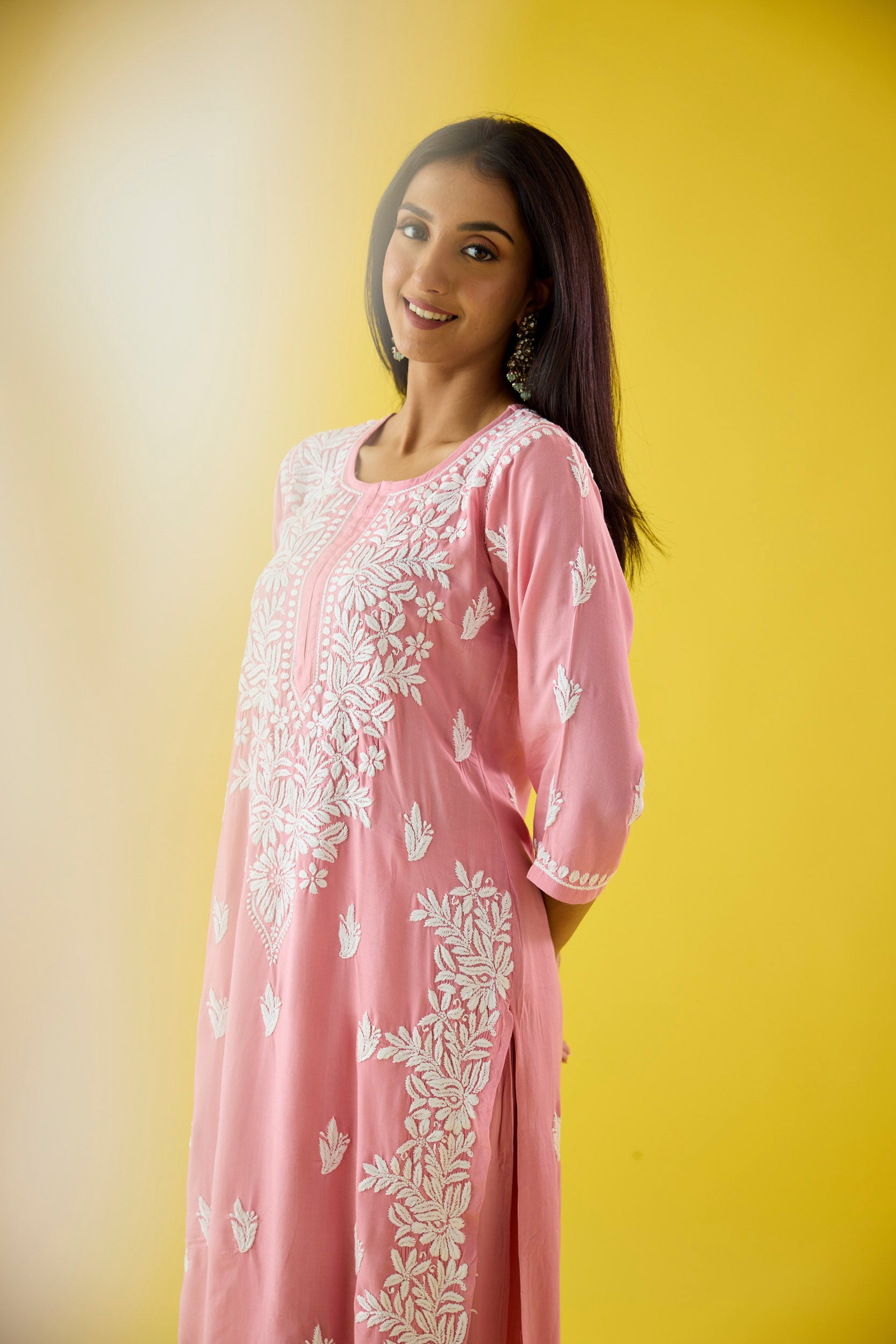 Mehtap Baby Pink Modal Hand Embroidered Chikankari Kurta & Pant Set