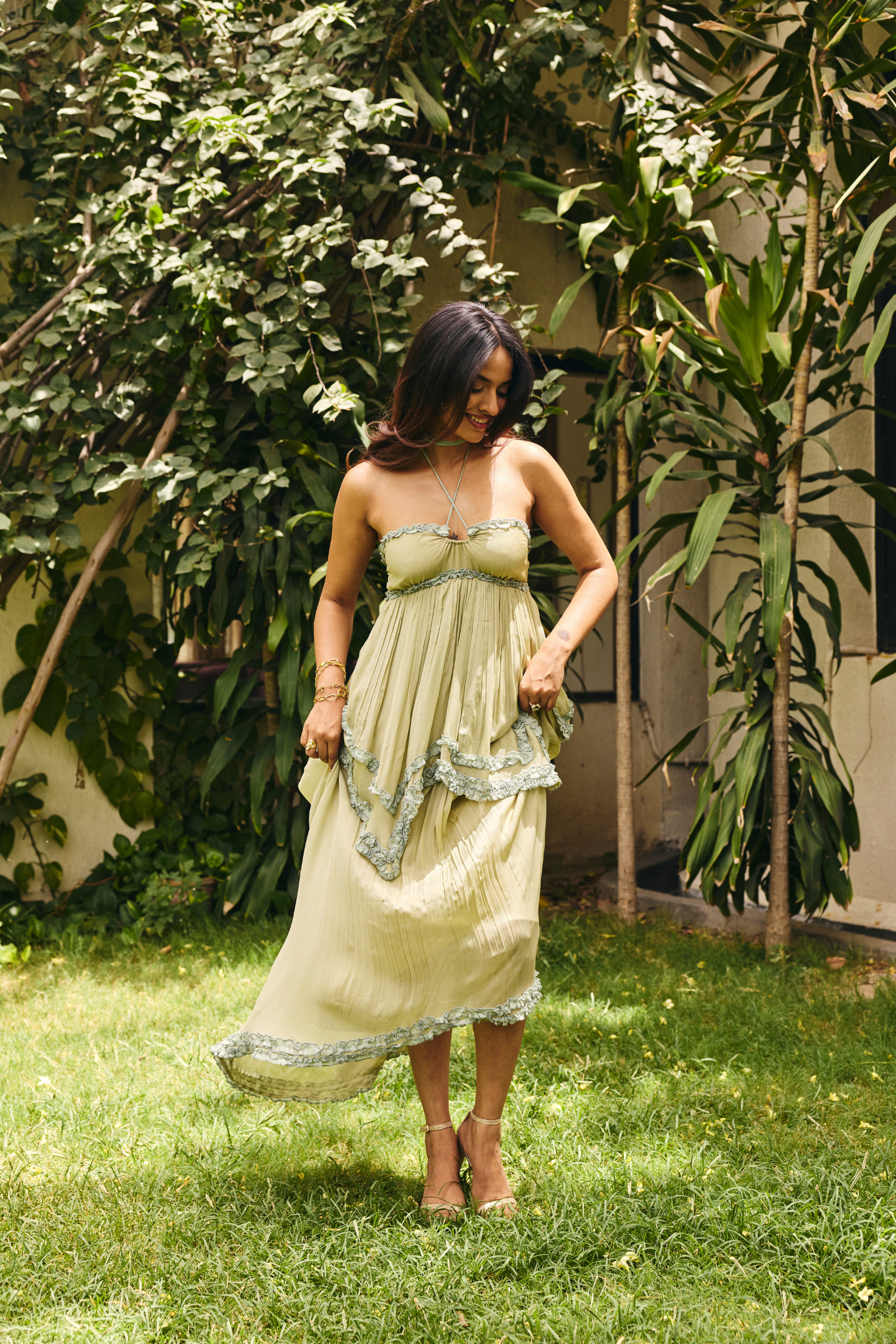 Mallorca Sage Green ruffle Midi dress