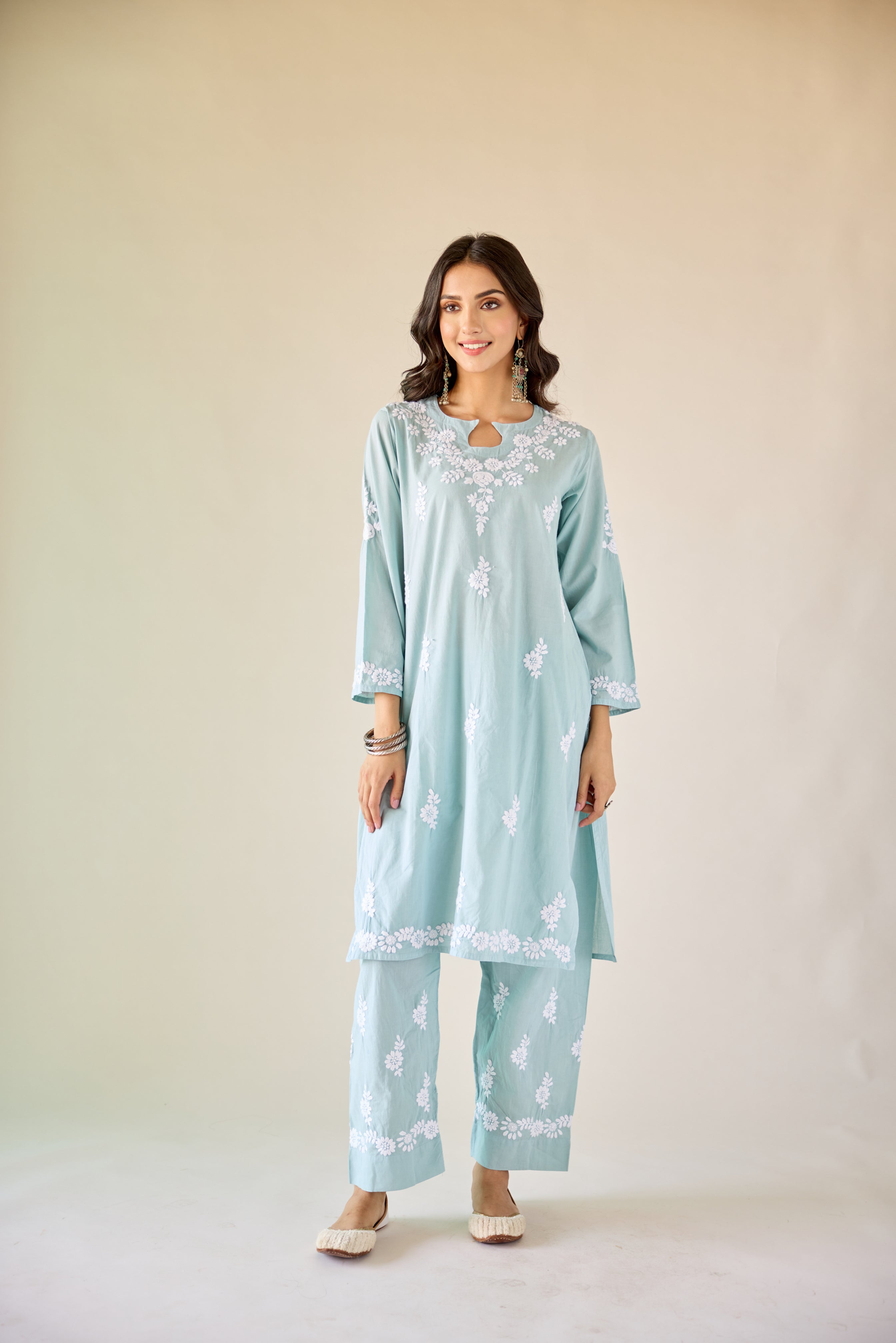 Ireo Green Cotton Hand Embroidered Chikankari Kurta & Pant Set