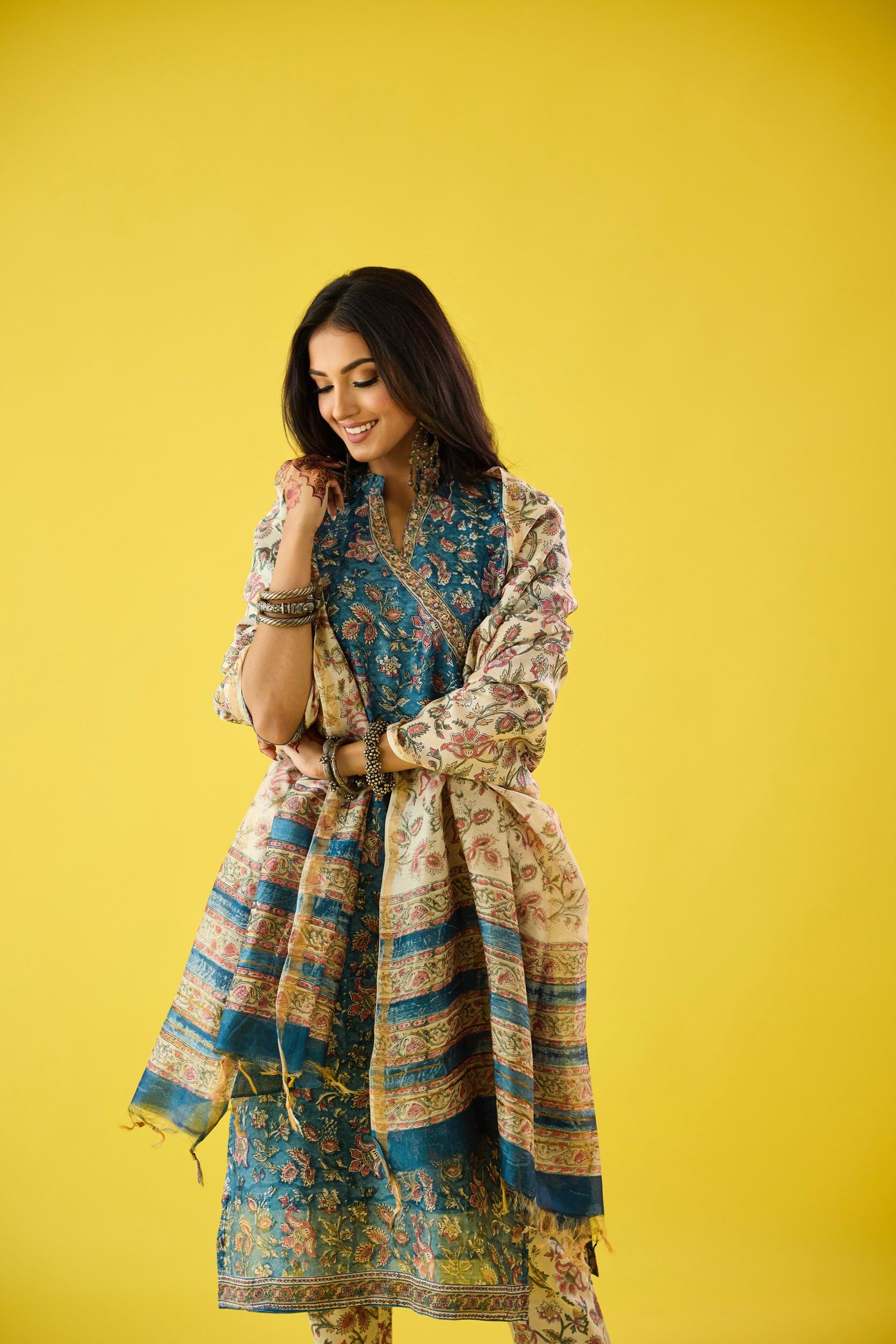 Roohani Blue & White Chanderi Hand Embroidered Kurta Set