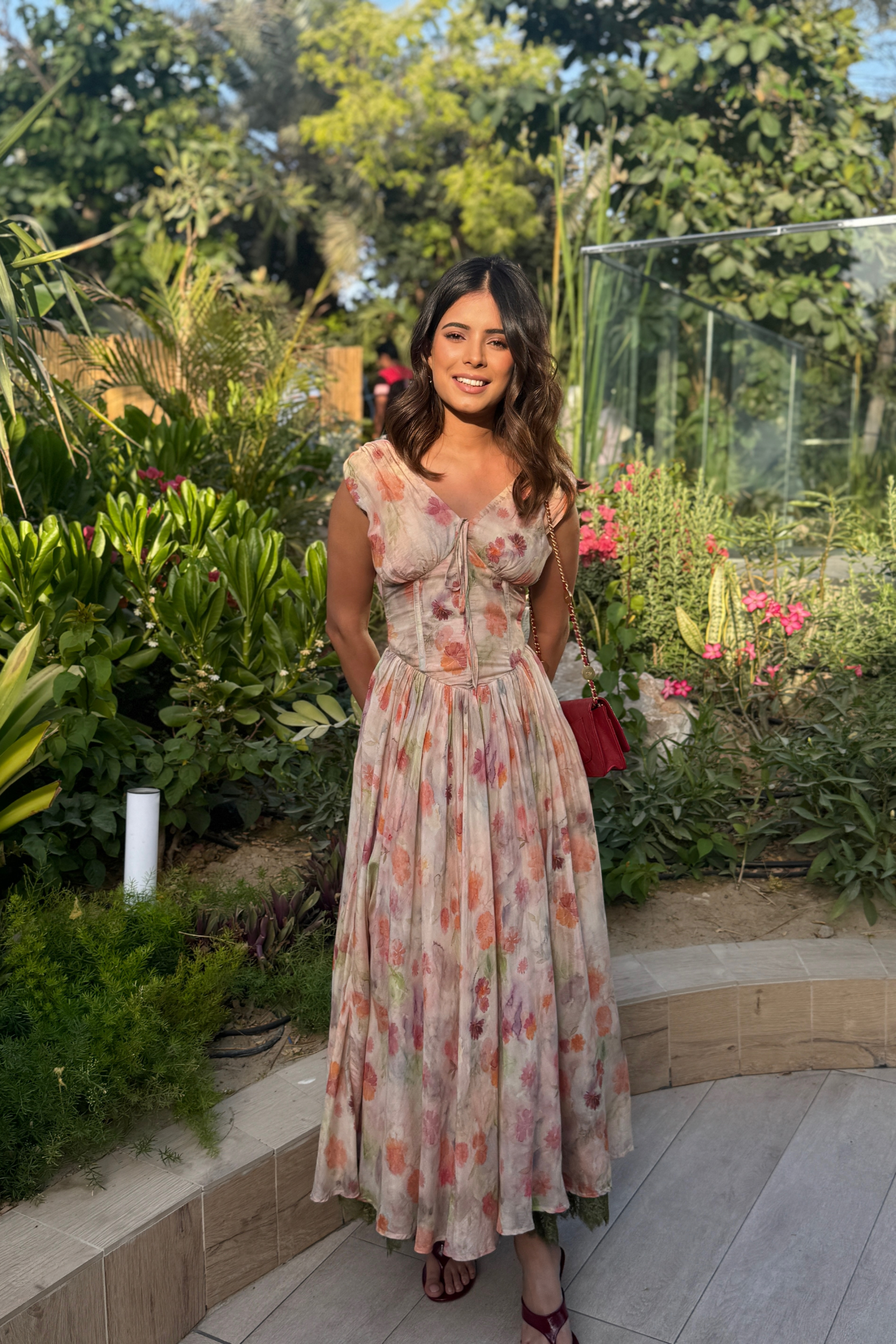 Alba Beige Muslin Floral Corset Midi Dress