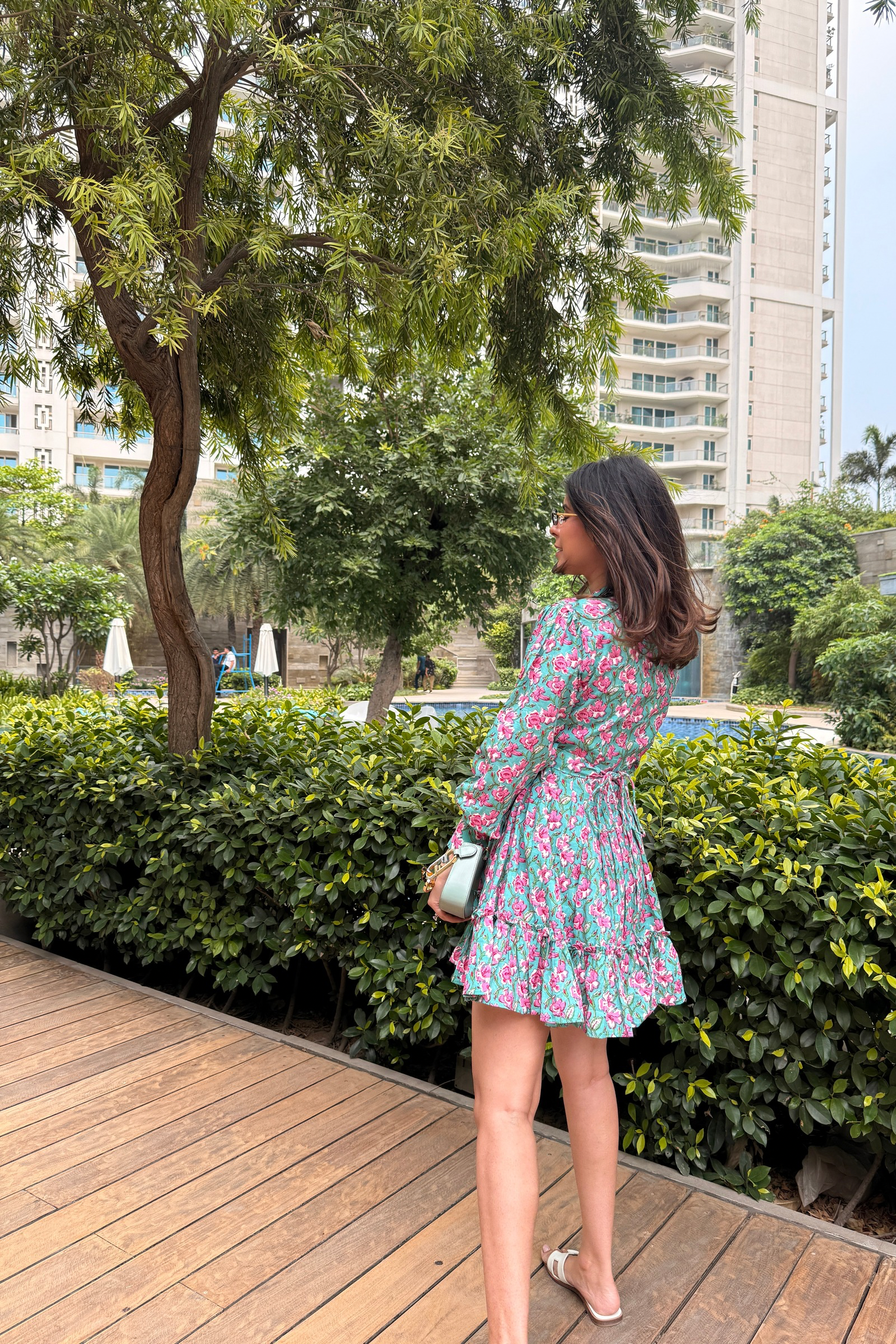 Ariel Green & Pink Printed Cotton Collared Dress