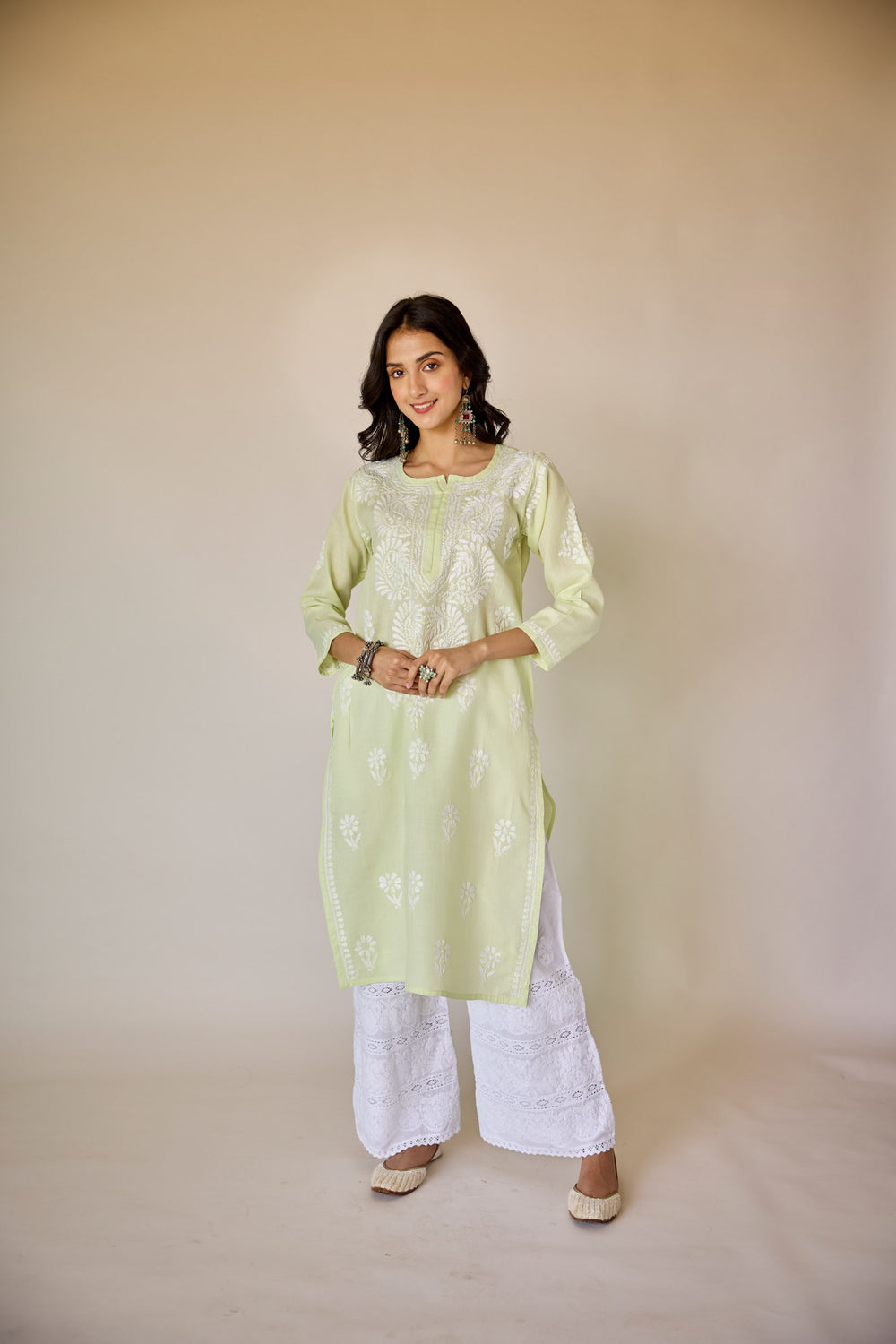 Vichitra Silk Chikankari Embroidered Naira Cut Kurta (Green)
