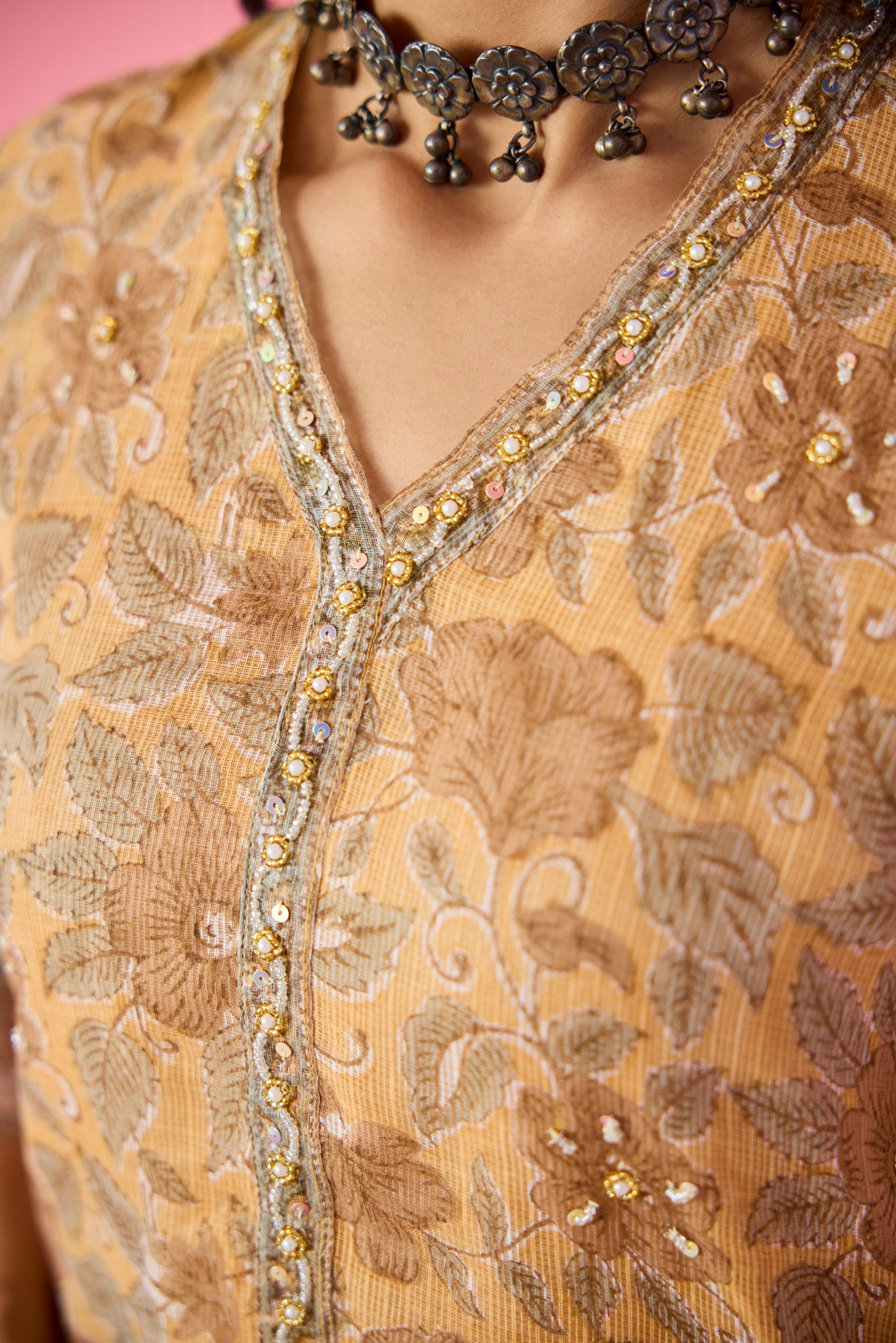 Almas Mustard Yellow Kota Hand Embellished Kurta Set