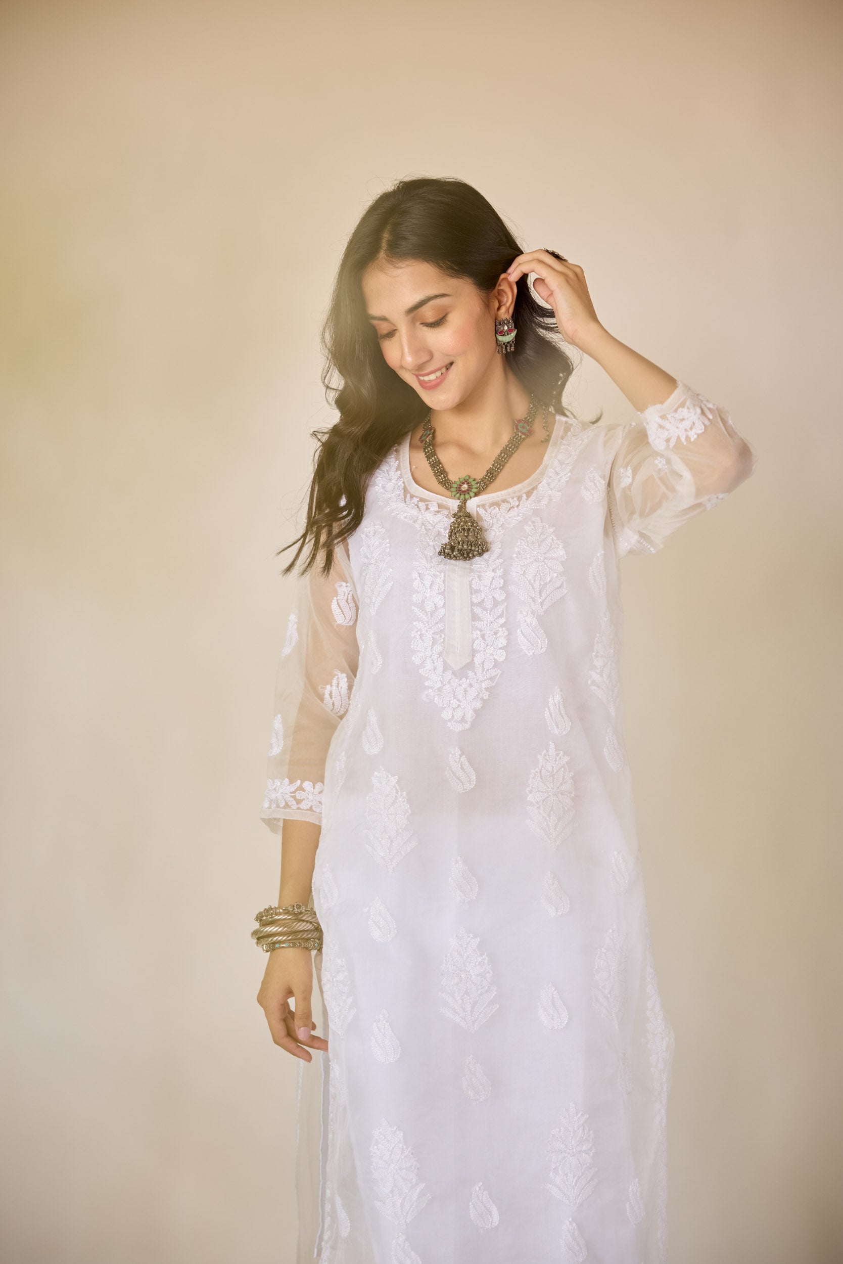 Elina White Organza Hand Embroidered Chikankari Kurta with Slip