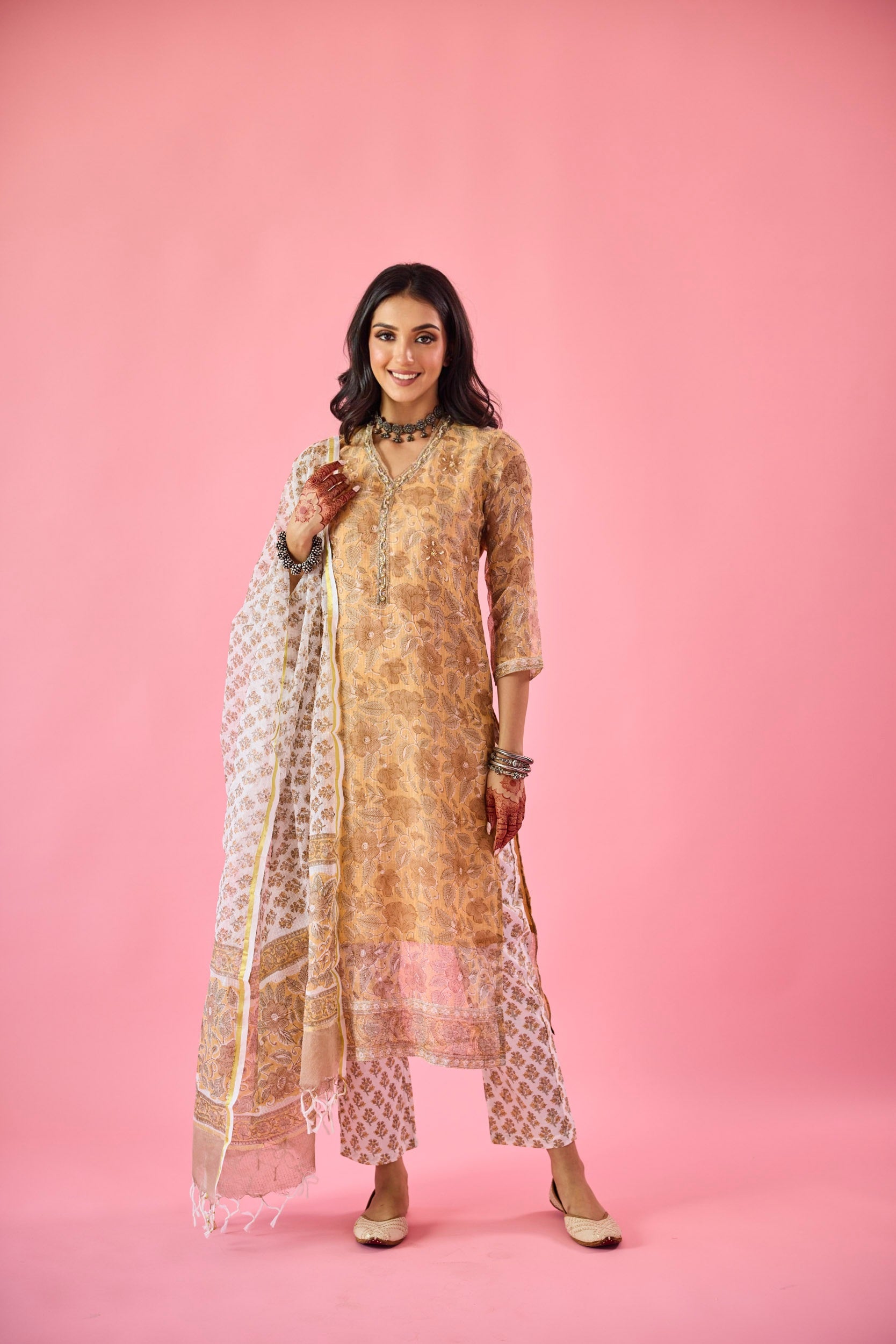 Almas Mustard Yellow Kota Hand Embellished Kurta Set