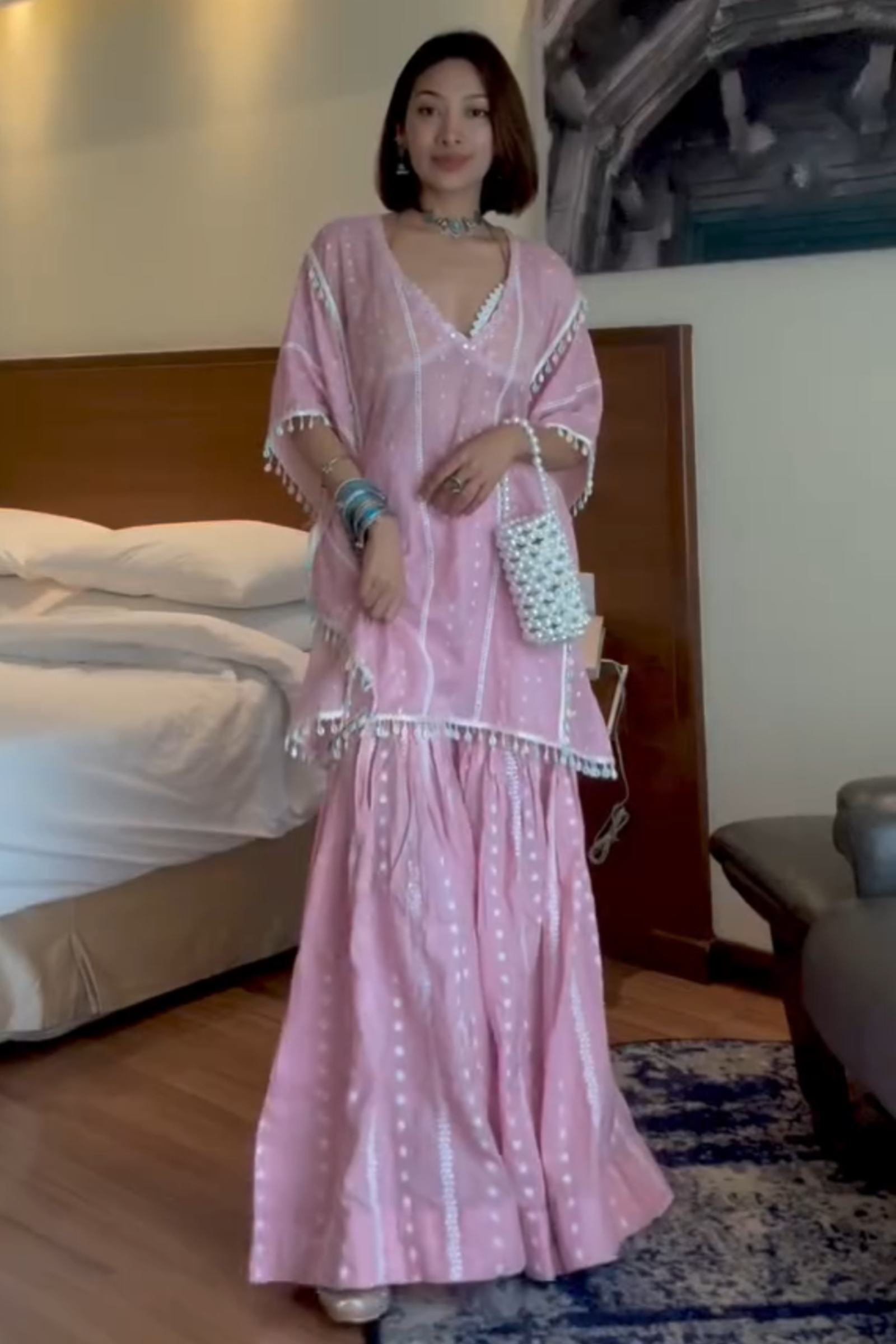 Laila Pink & Yellow Embroidered Cotton Kaftan, Blouse and Sharara Set