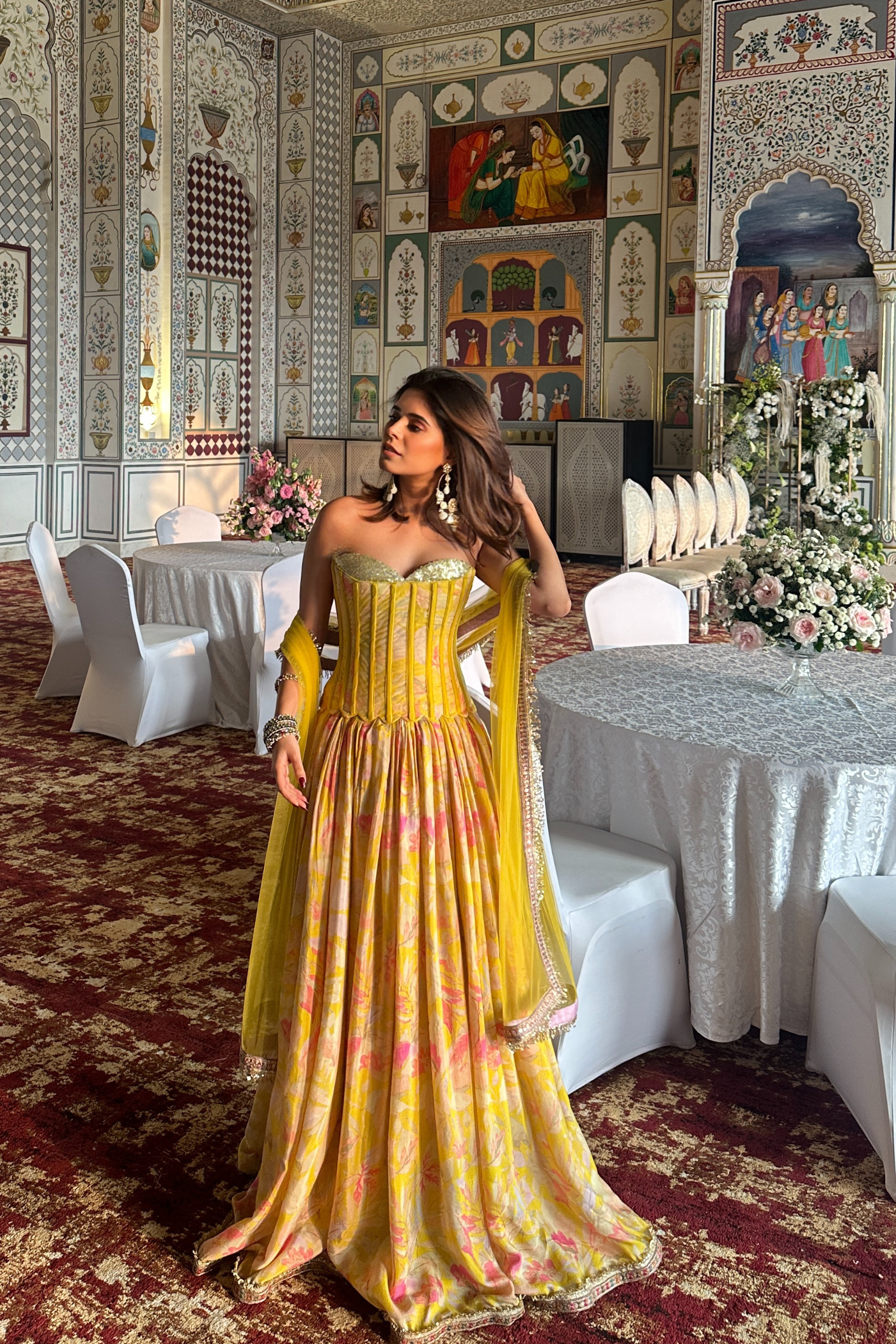 Anaya Yellow Sequinned Corset Muslin Lehenga Set