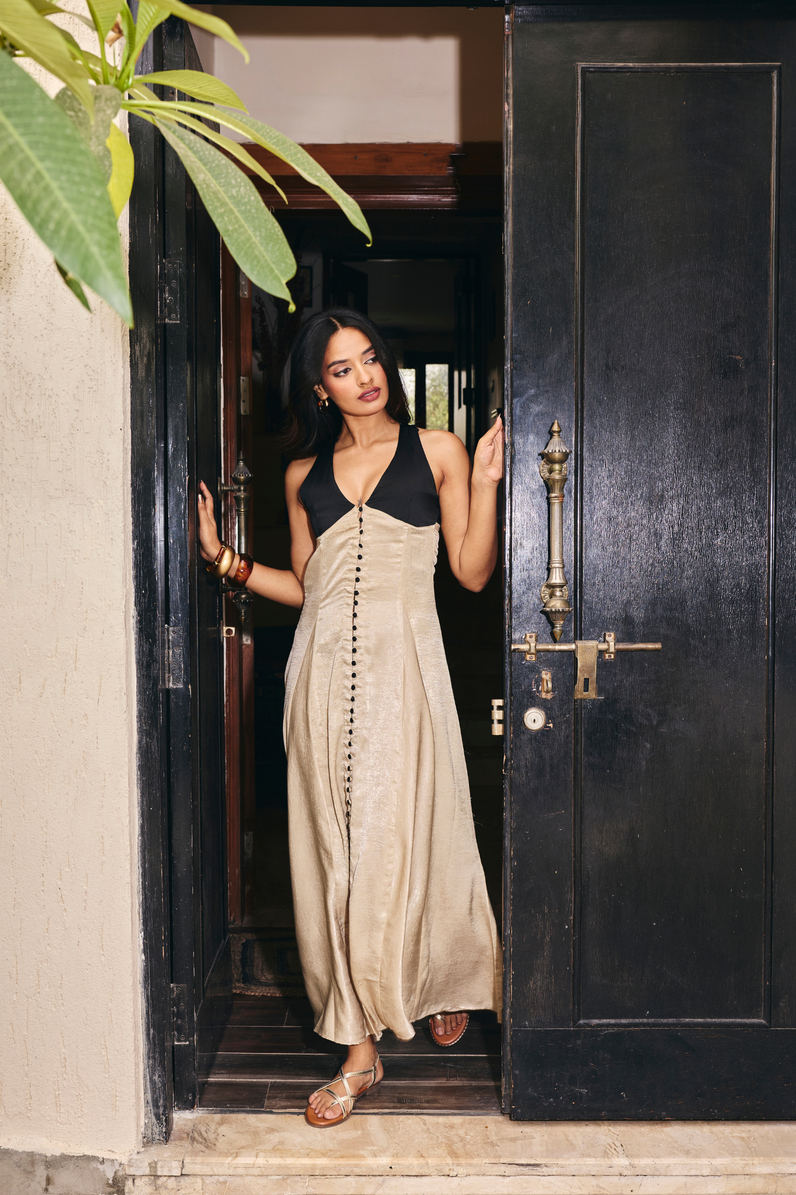 Cairo beige & black contrast satin maxi dress