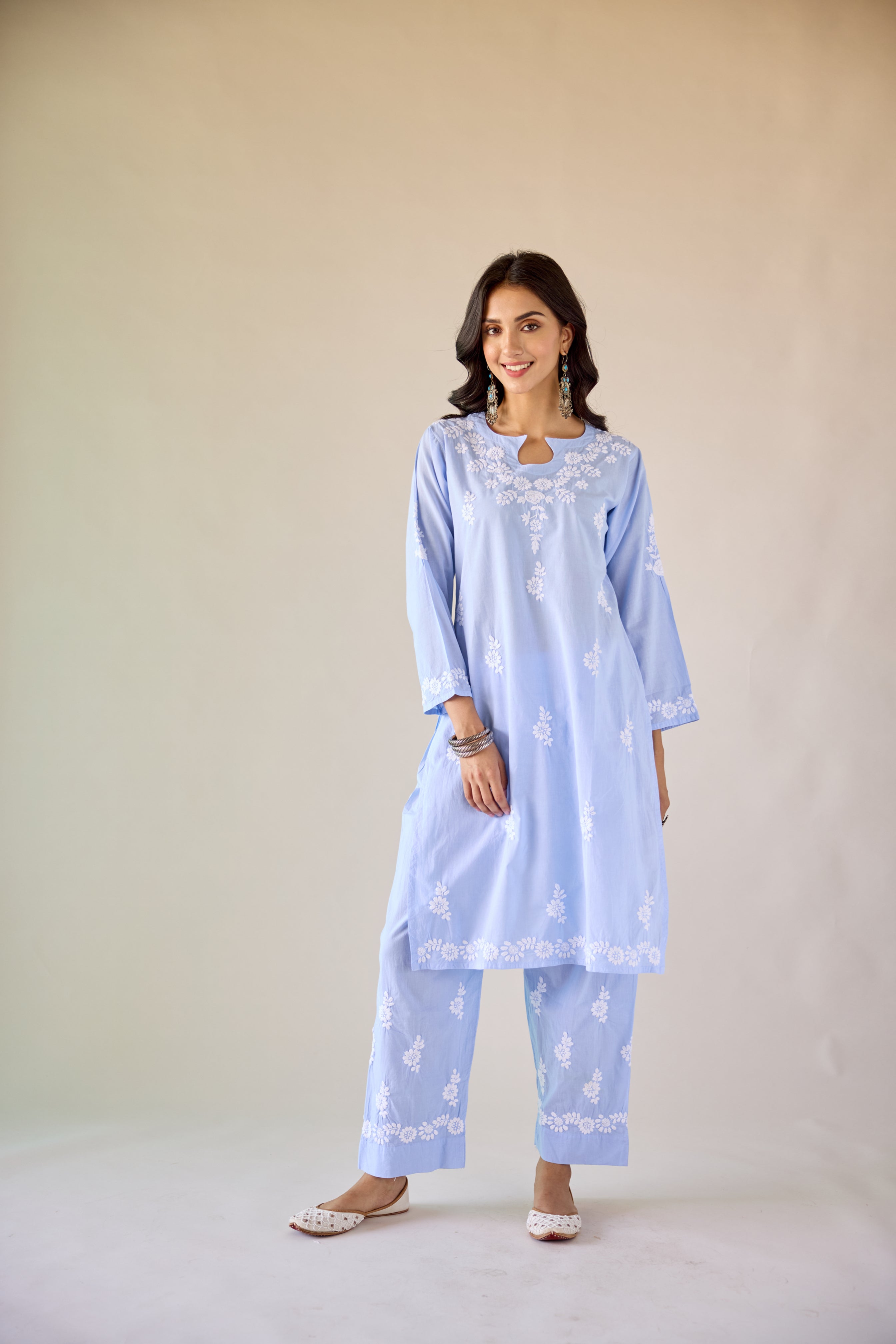 Halls Blue Cotton Hand Embroidered Chikankari Kurta & Pant Set