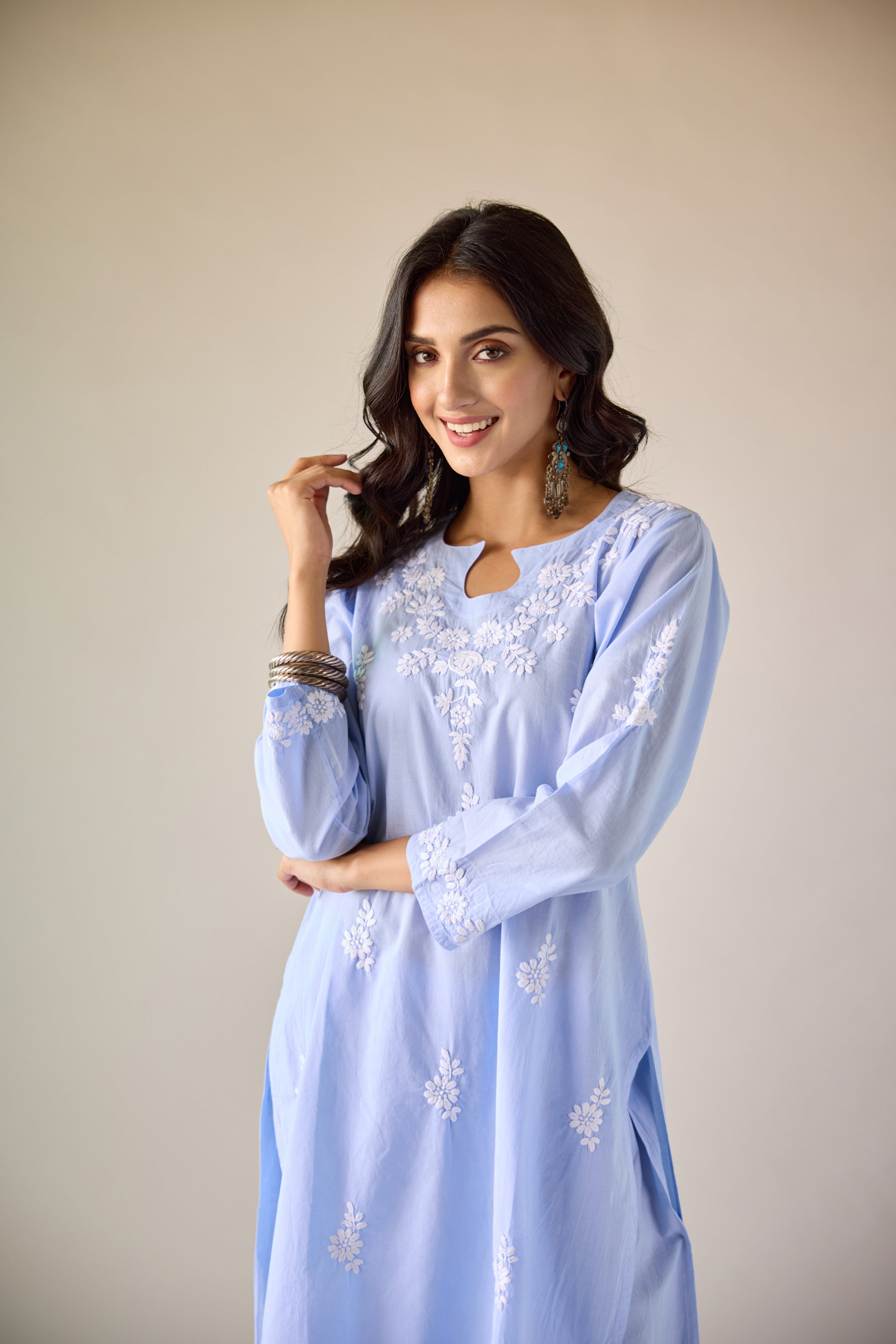 Halls Blue Cotton Hand Embroidered Chikankari Kurta & Pant Set