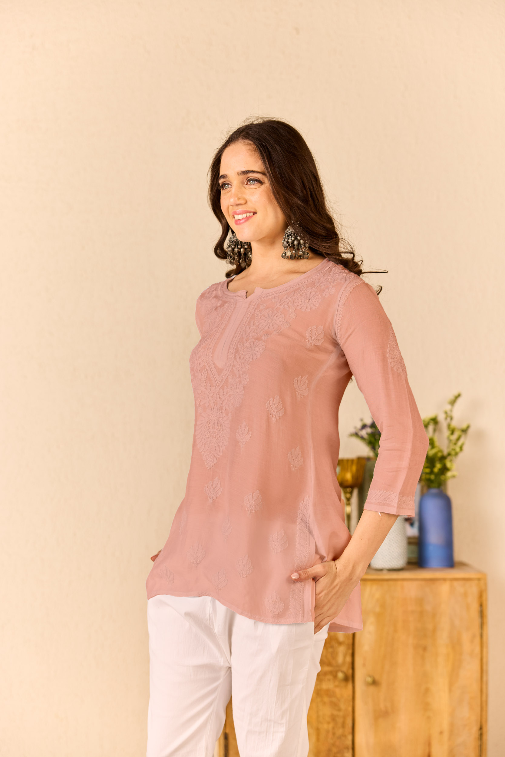 Zuhair Rose Pink Muslin Hand Embroidered Short Chikankari Kurti