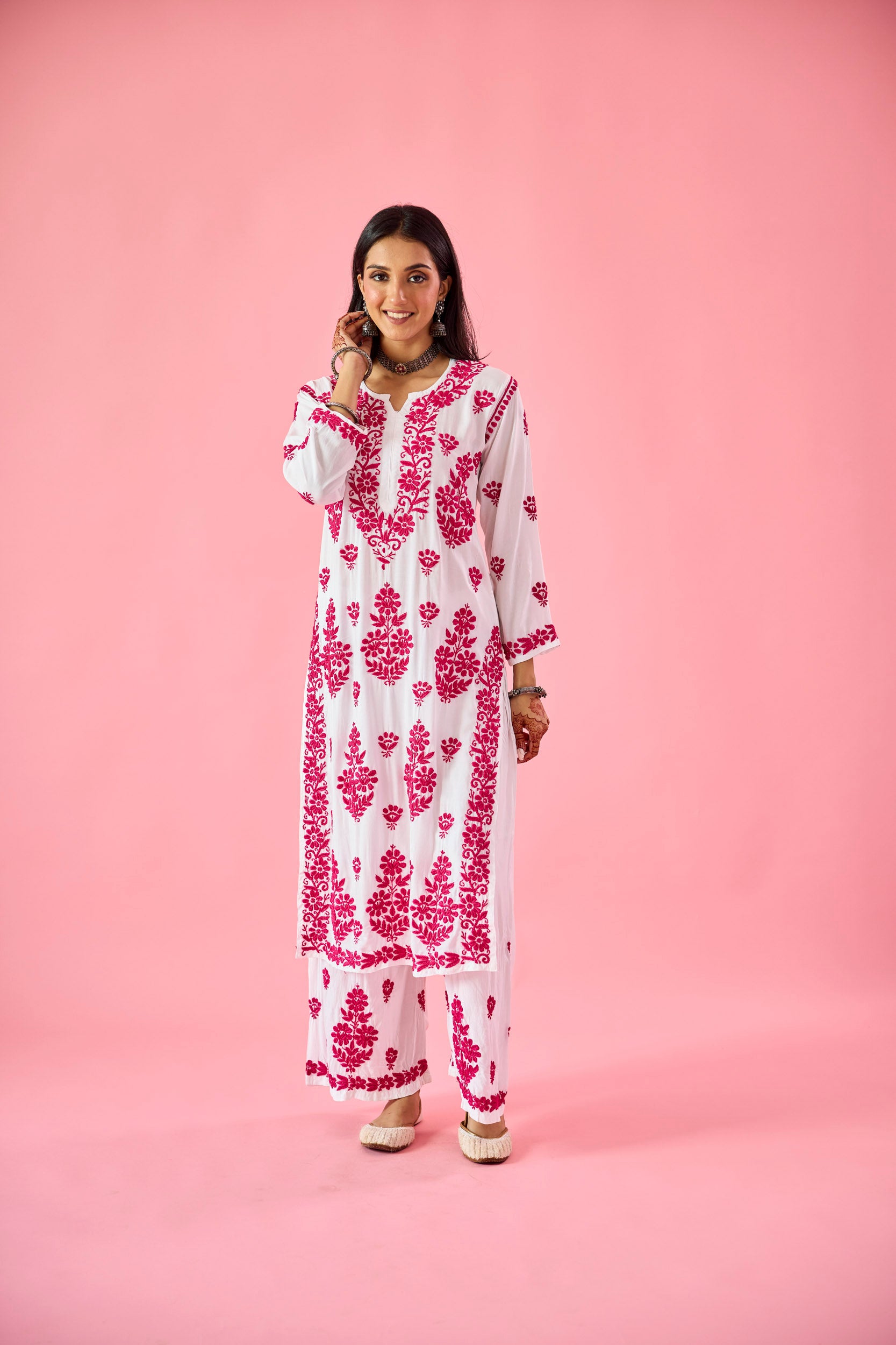 Lakshita Pink & White Modal Hand Embroidered Chikankari Kurta & Pant Set