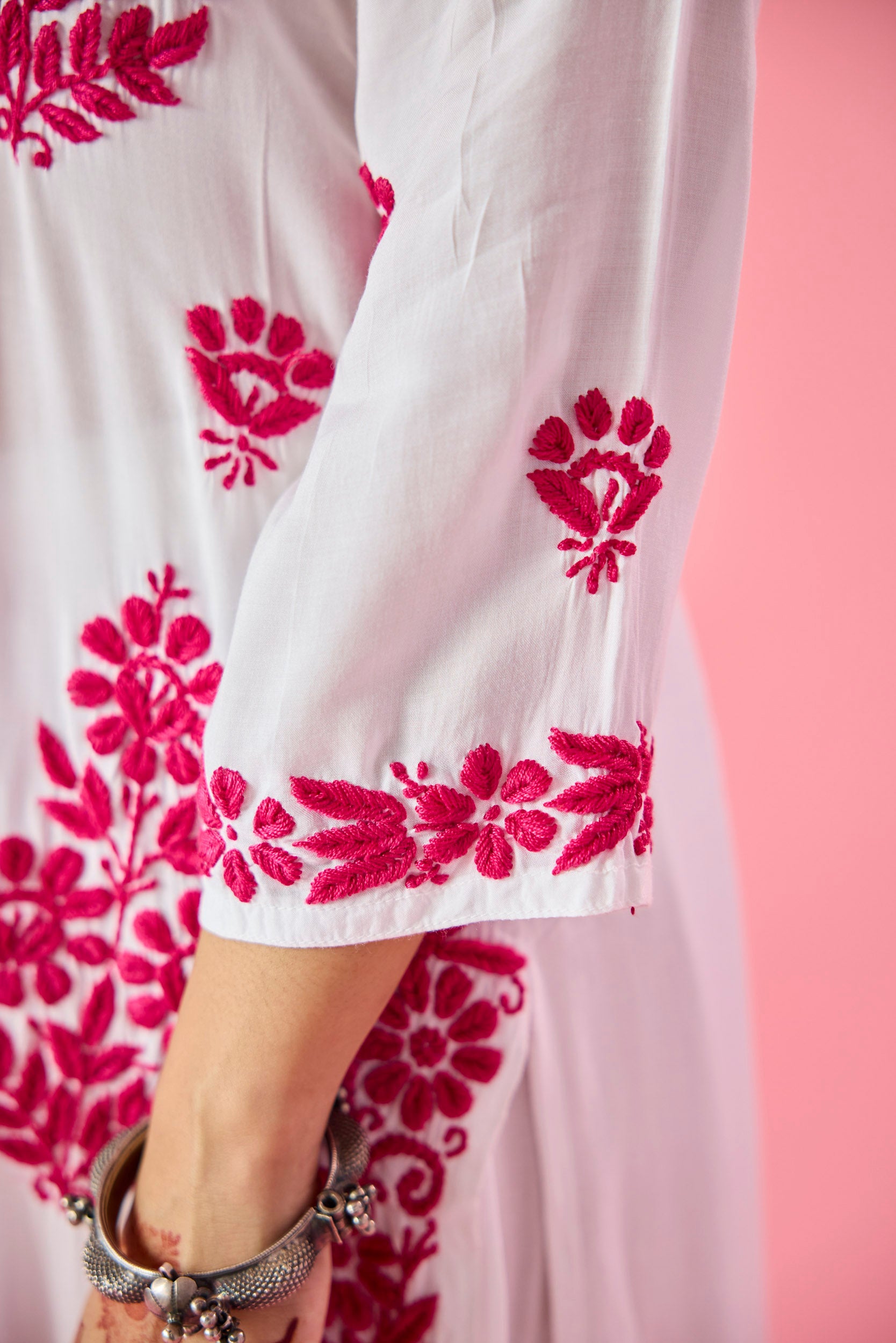 Lakshita Pink & White Modal Hand Embroidered Chikankari Kurta & Pant Set