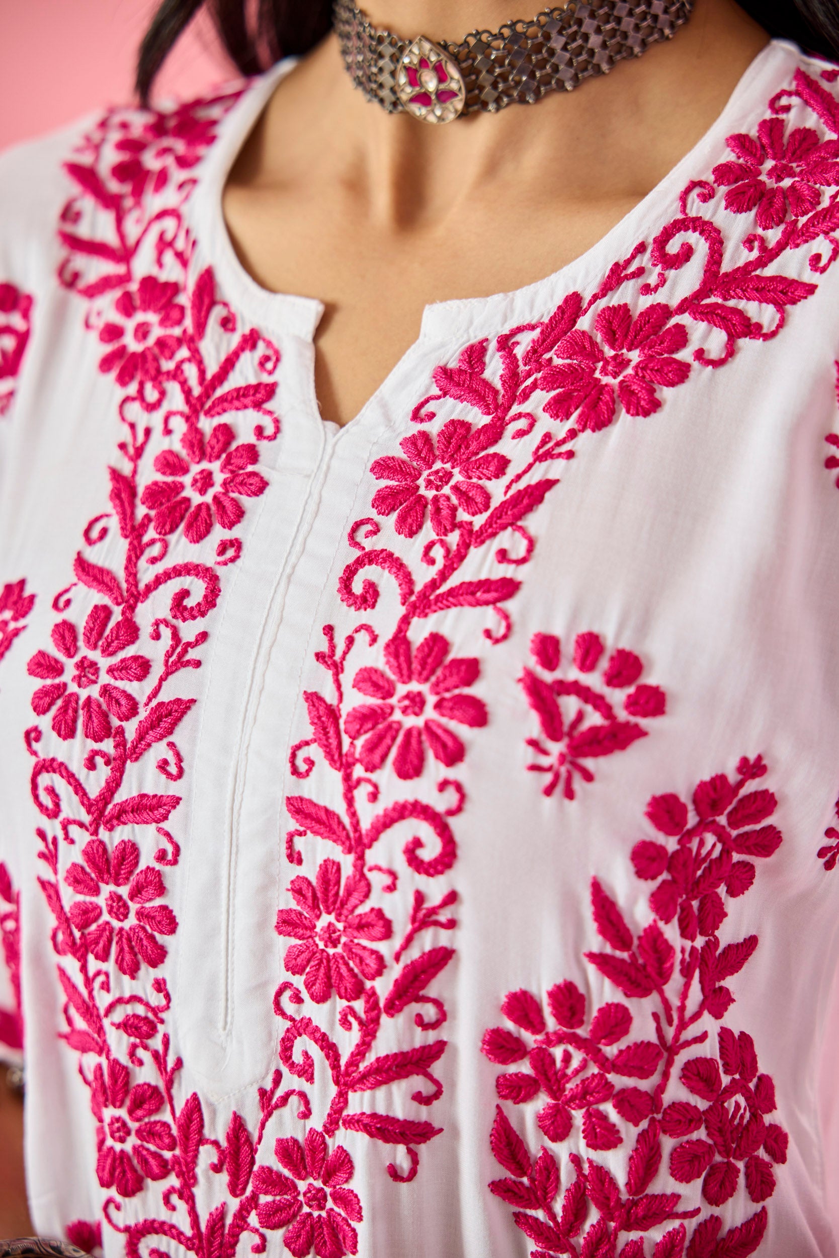 Lakshita Pink & White Modal Hand Embroidered Chikankari Kurta & Pant Set