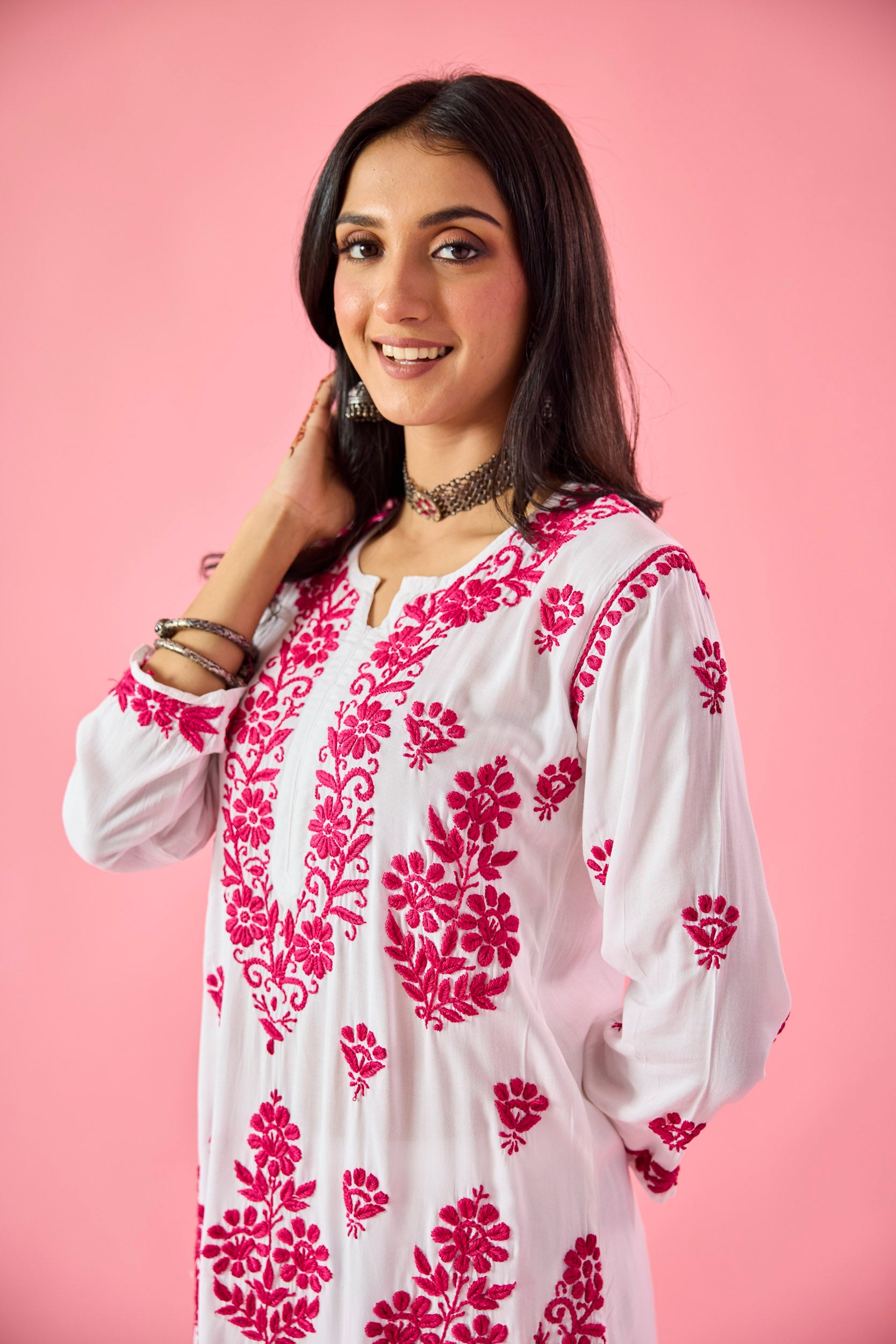 Lakshita Pink & White Modal Hand Embroidered Chikankari Kurta & Pant Set