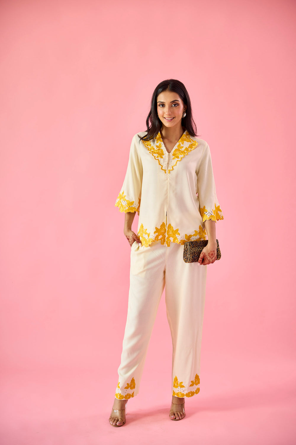 Contemporary Yellow Georgette 2-Piece Set Embroidered Co-ord for Women