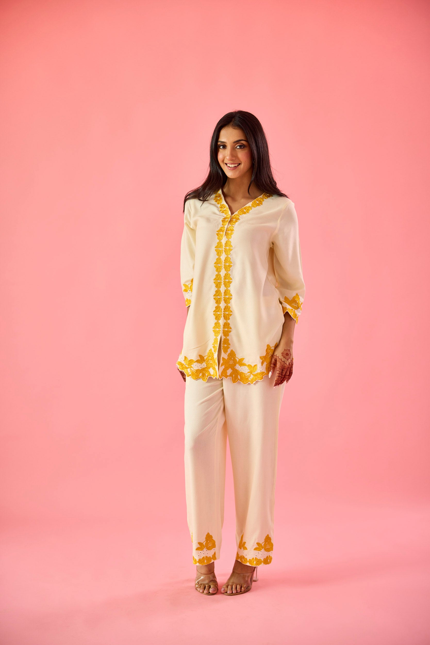 Blossom Cream & Yellow Cotton Embroidered Co-ord Set