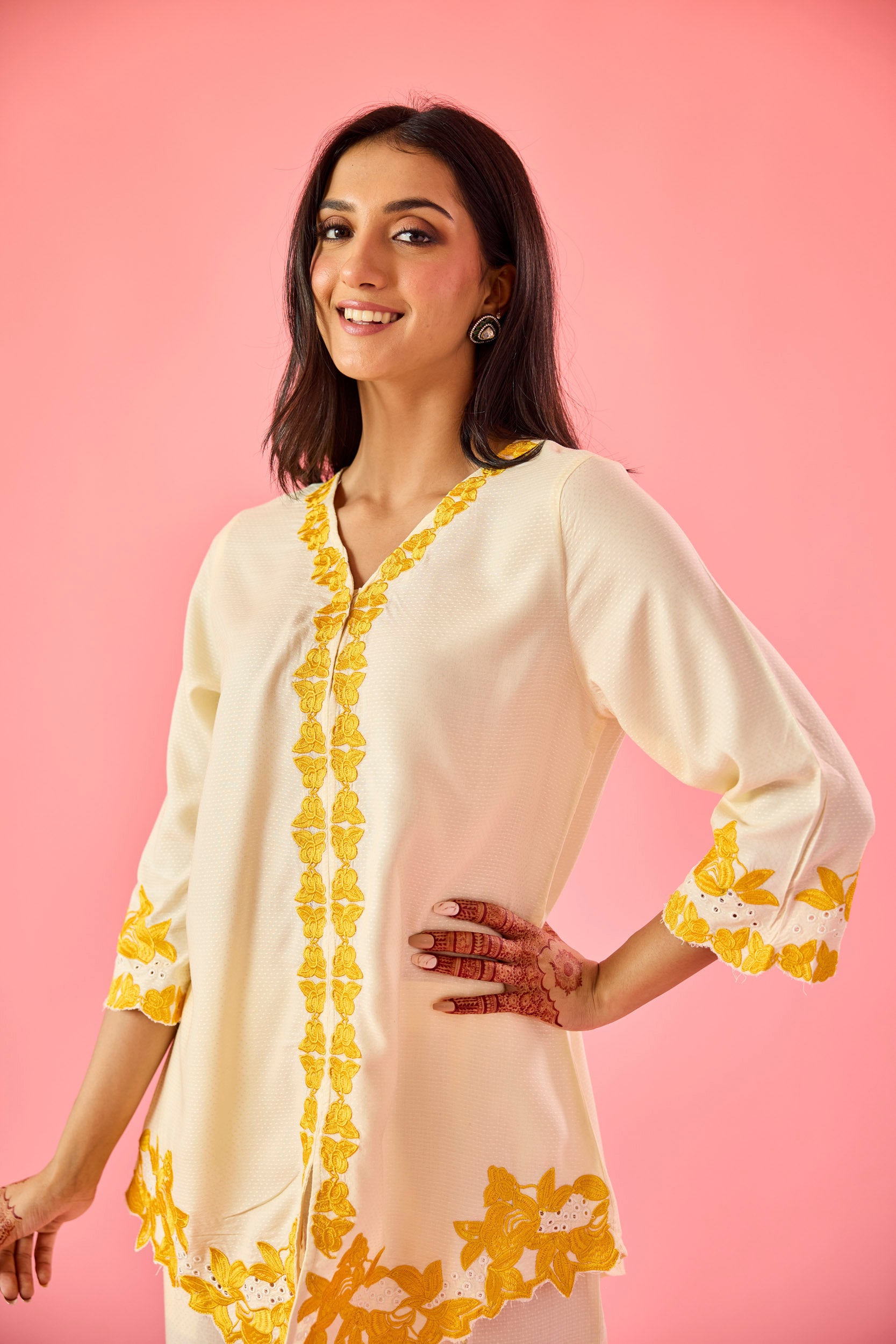 Blossom Cream & Yellow Cotton Embroidered Co-ord Set