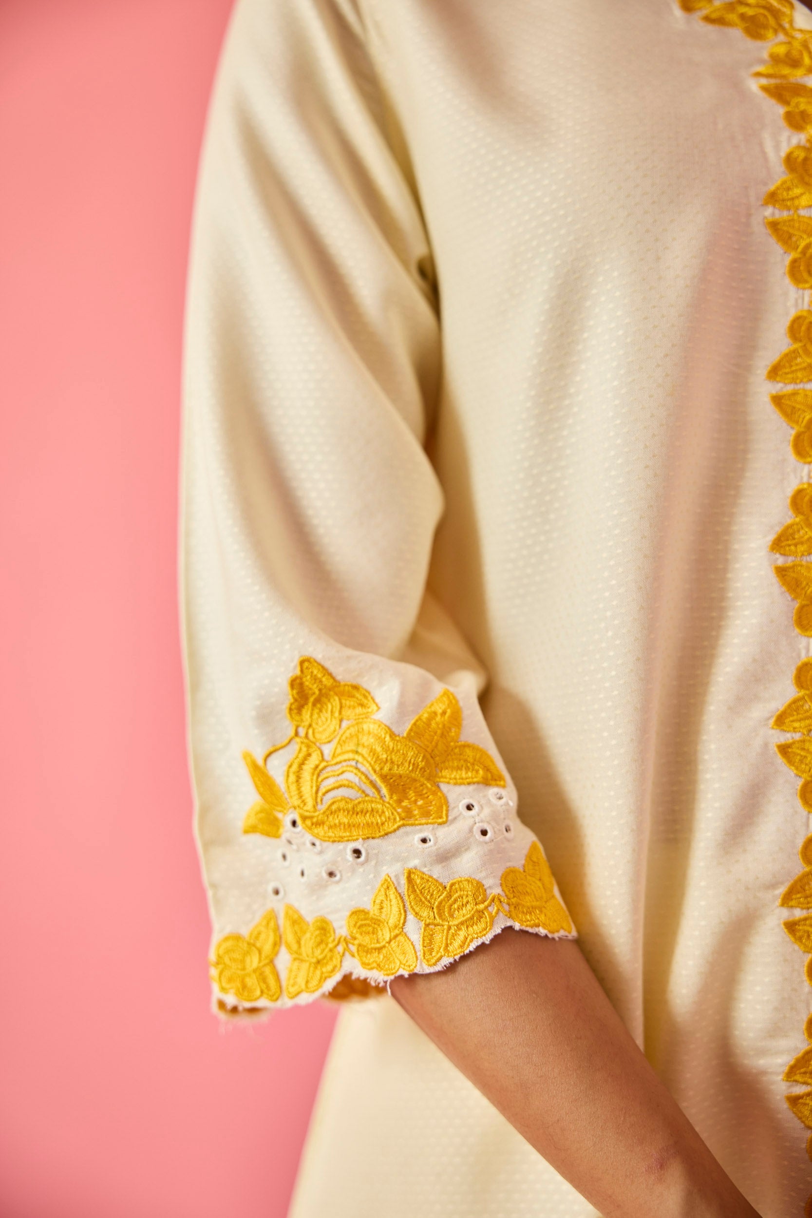 Blossom Cream & Yellow Cotton Embroidered Co-ord Set