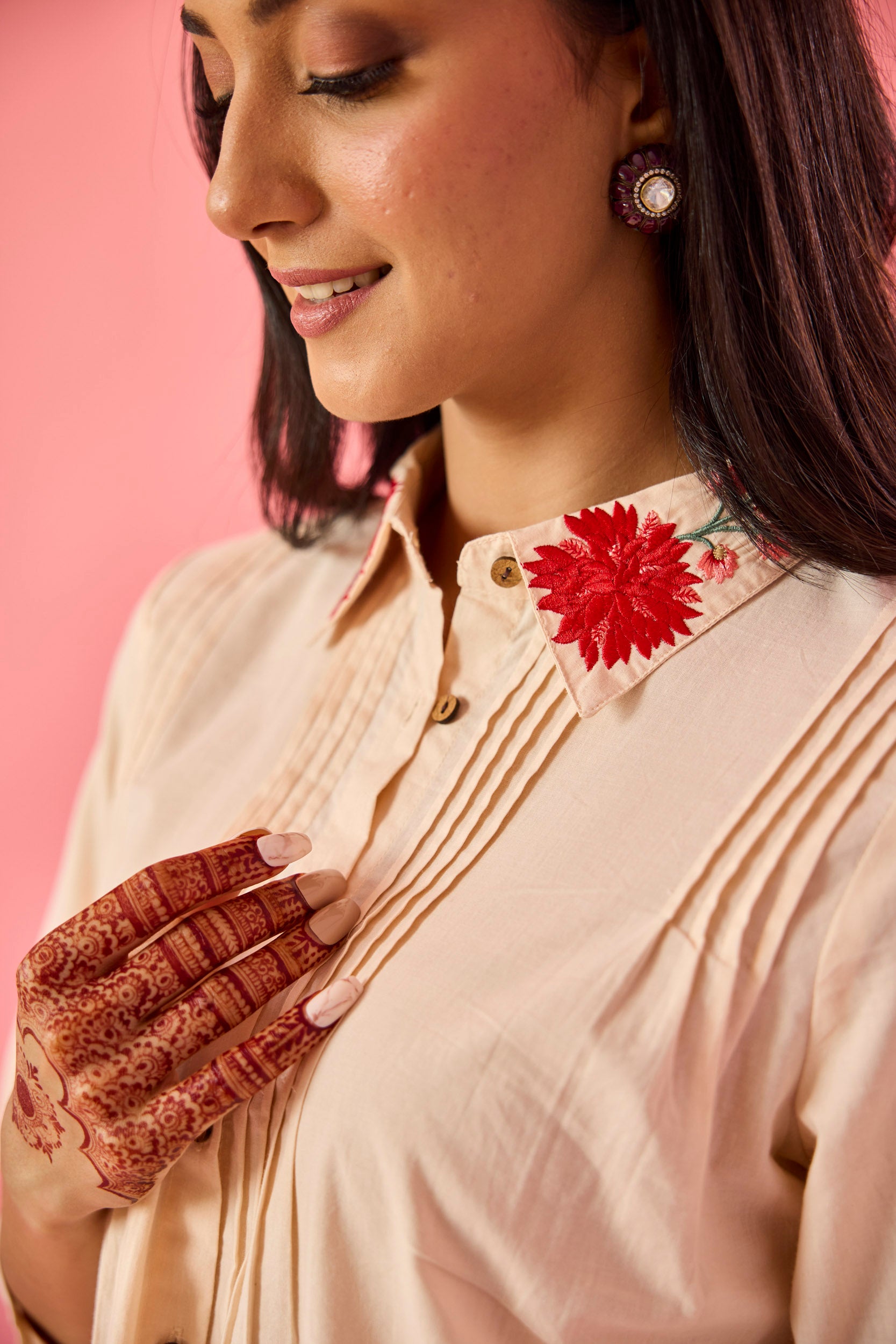Gaze Cream Cotton Embroidered Co-ord Set