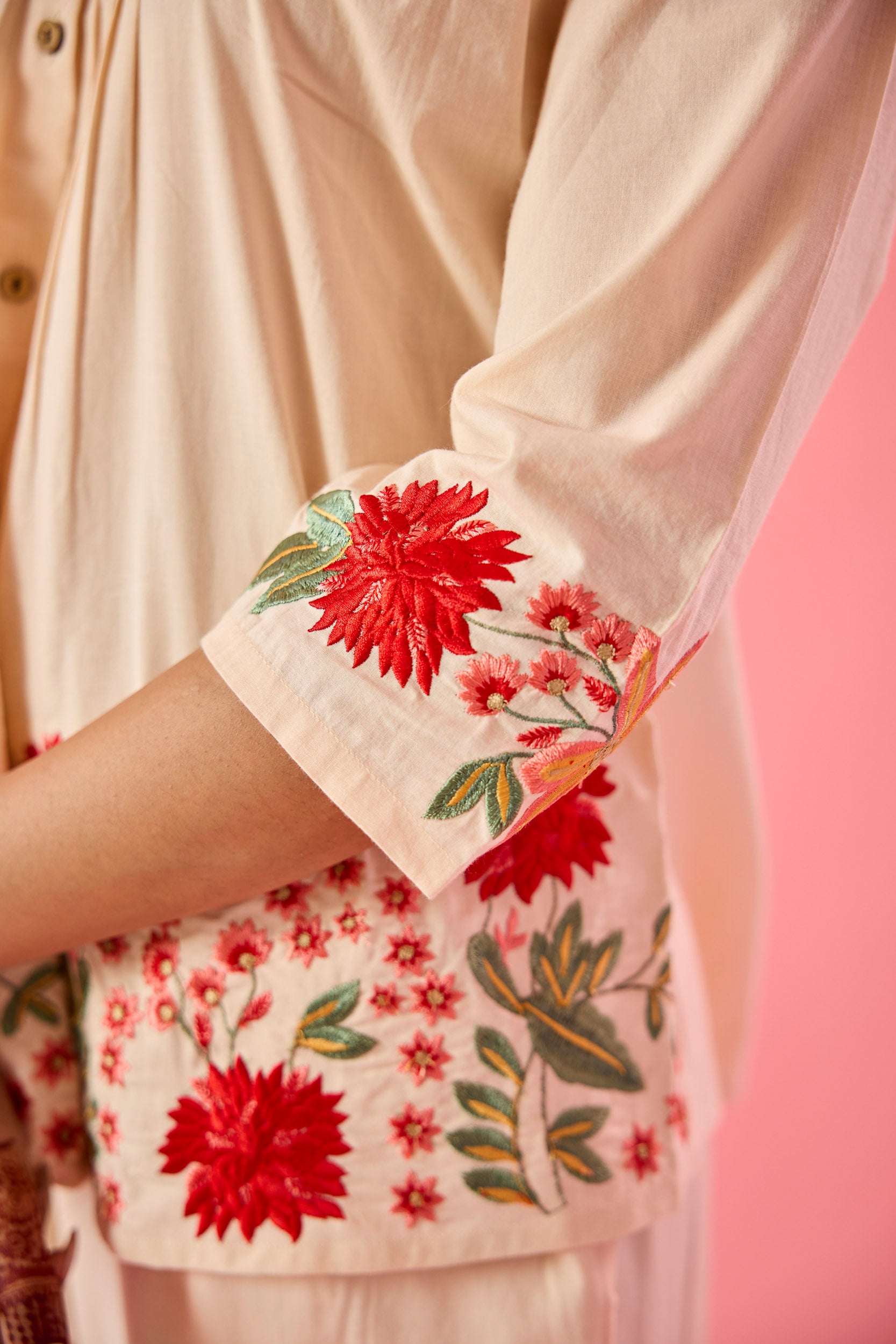 Gaze Cream Cotton Embroidered Co-ord Set