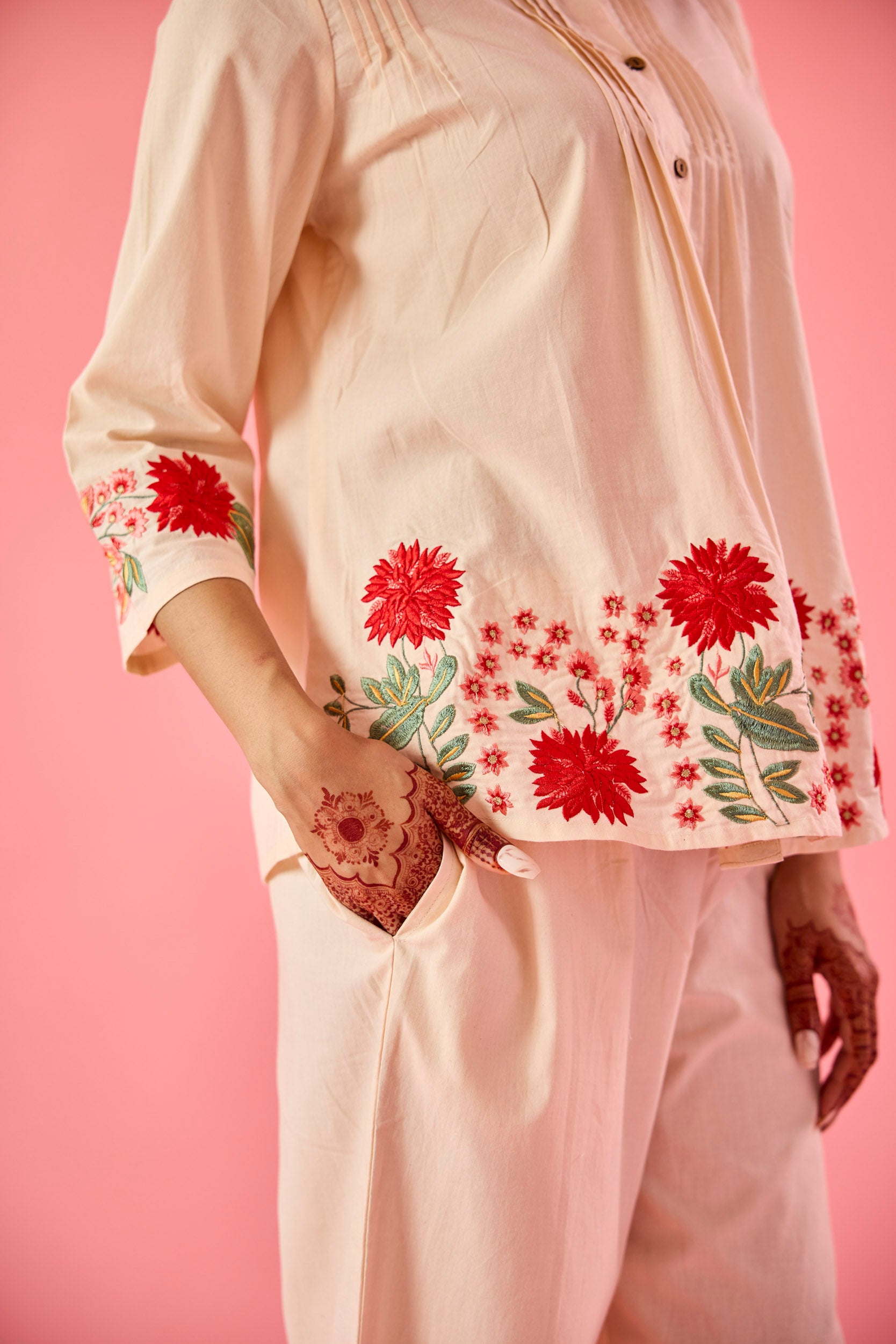 Gaze Cream Cotton Embroidered Co-ord Set