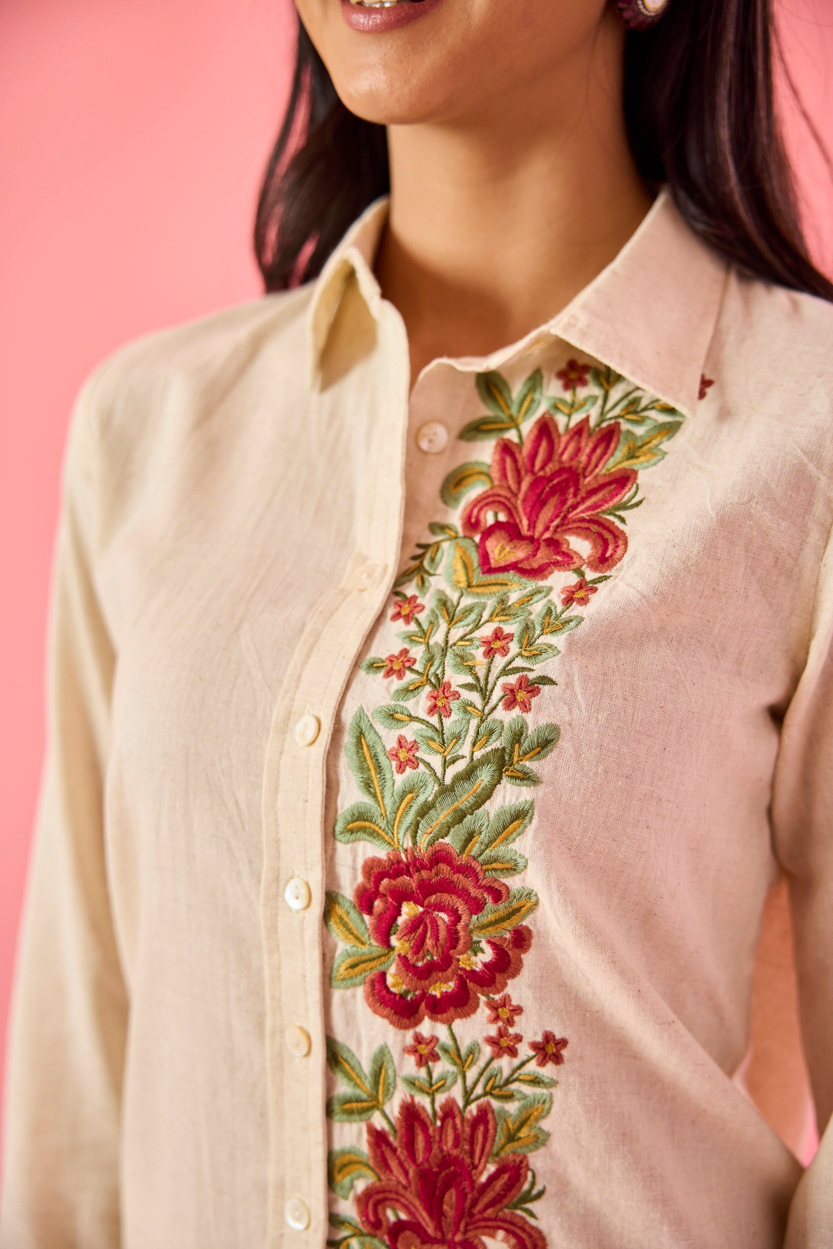 Fleur Off White Linen Embroidered Co-ord Set