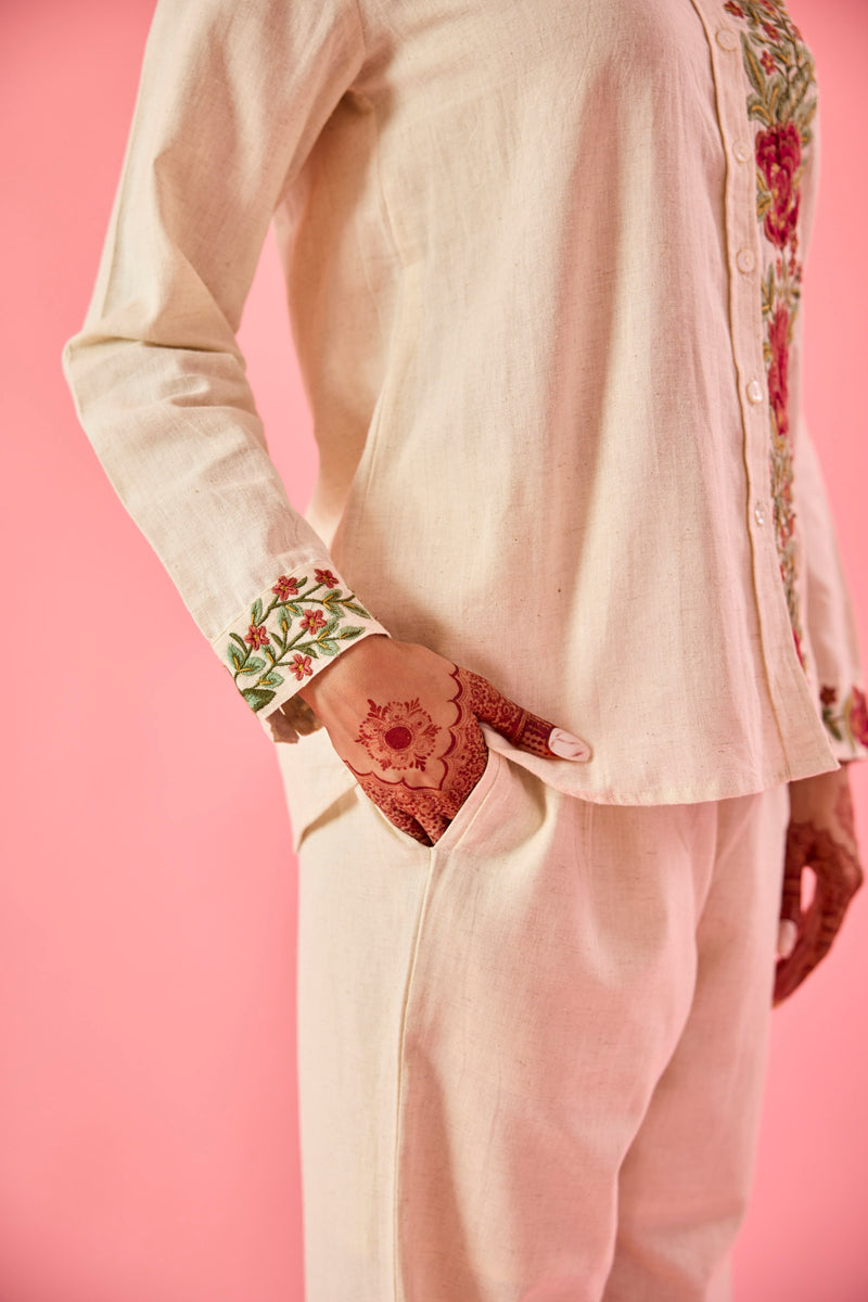 Off White Printed Flower Collared Co-ord Set main image 1