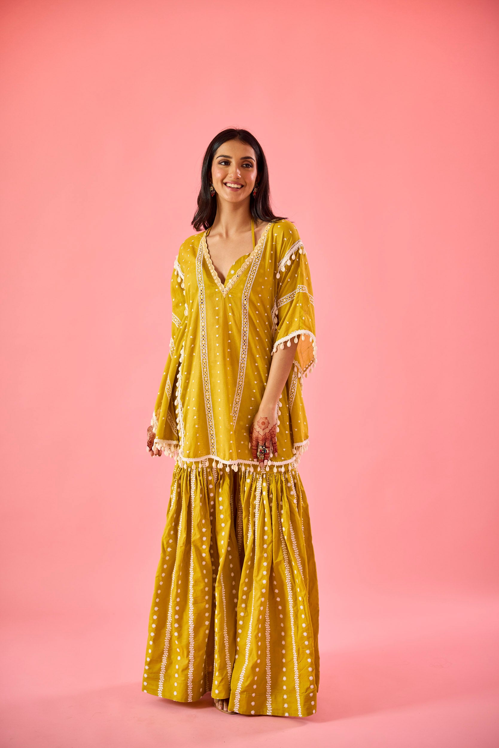 Naina Yellow Embroidered Cotton Kaftan, Blouse and Sharara Set