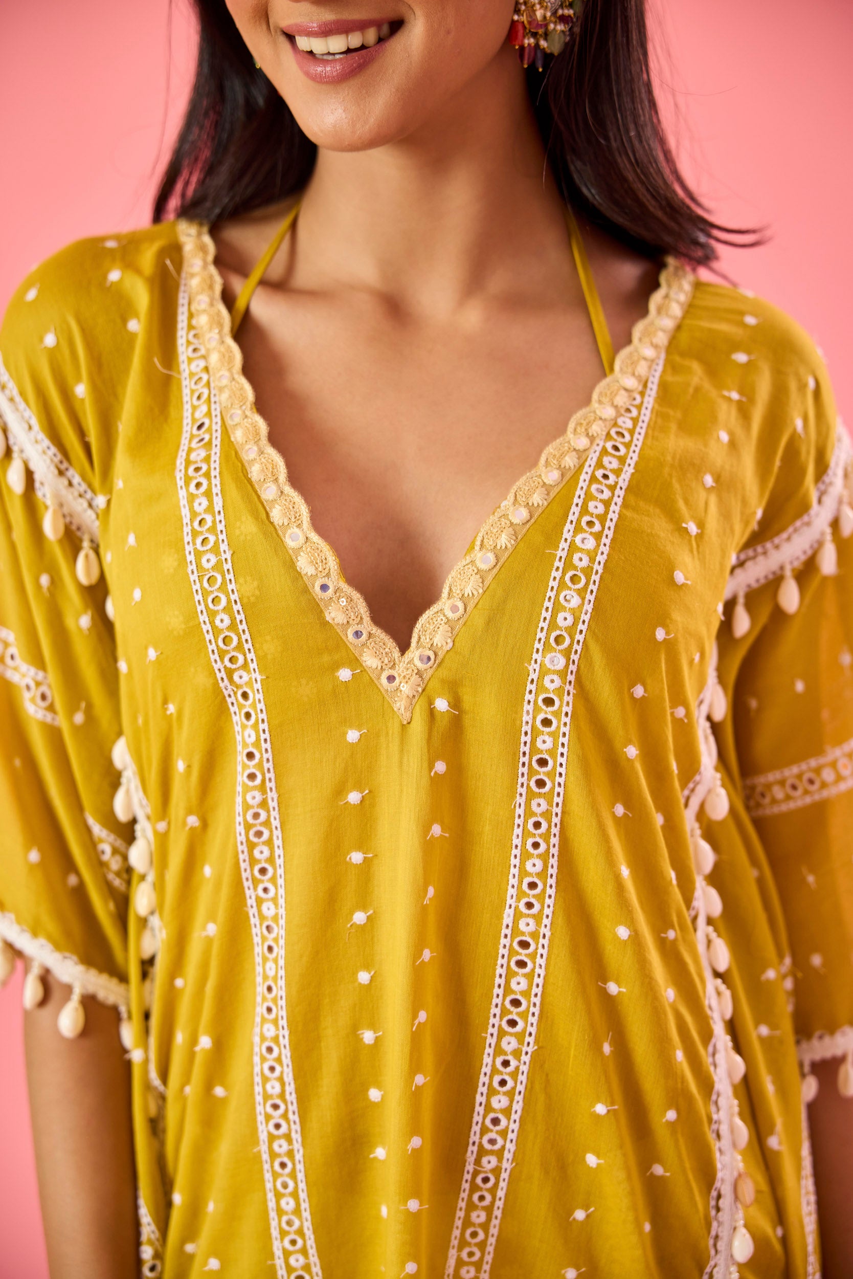 Naina Yellow Embroidered Cotton Kaftan, Blouse and Sharara Set