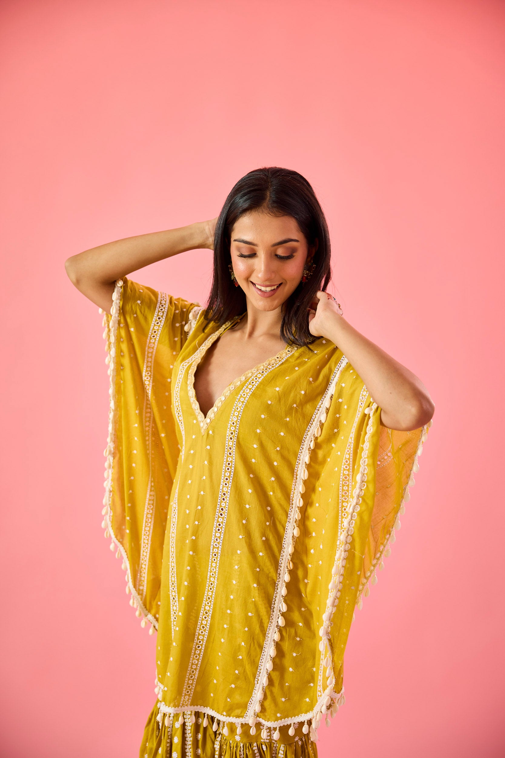 Naina Yellow Embroidered Mulmul Kaftan